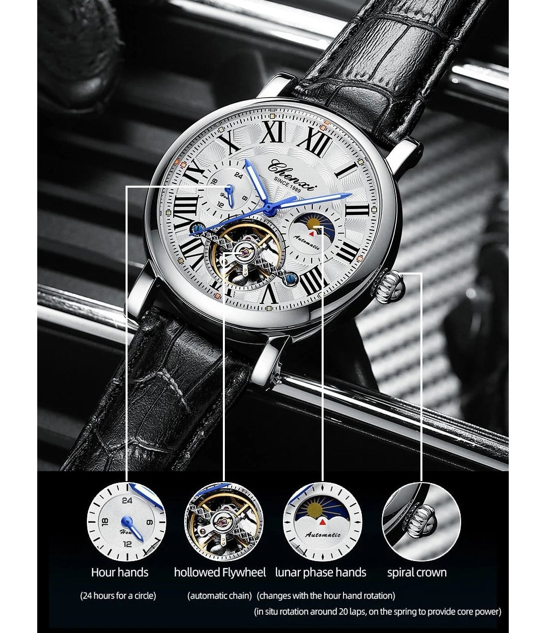 RELOJ LUJO CHENXI 8873 MECANICO-AUTOMATICO TOURBILLON NEGRO - 5