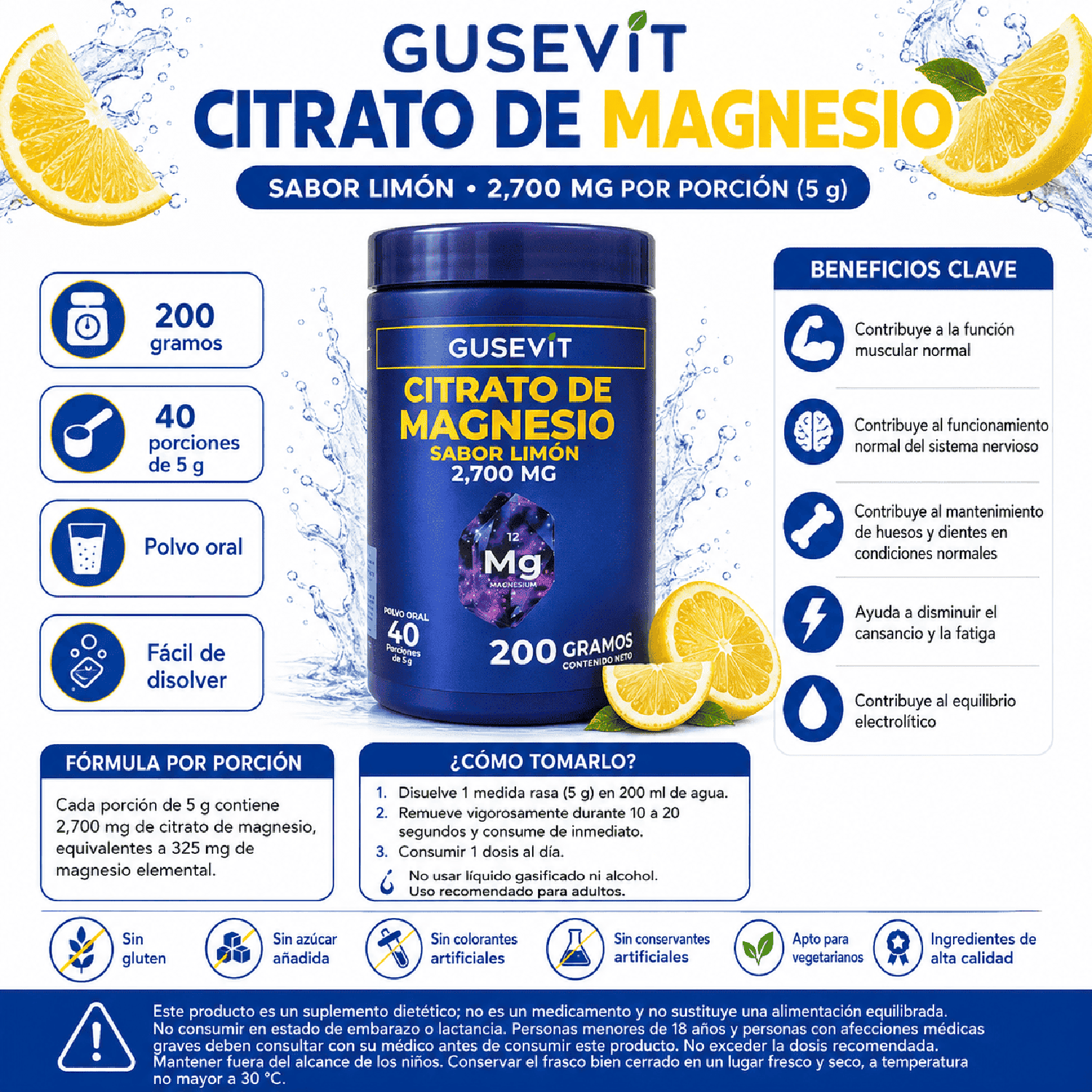 PACK 3 FRASCOS CITRATO DE MAGNESIO 200 G C/U SABOR LIMÓN - 2