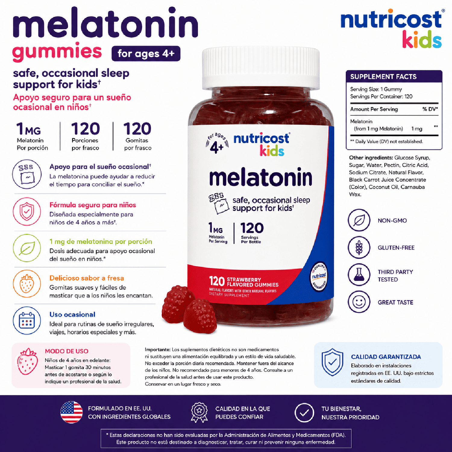 MELATONINA NIÑOS NUTRICOST KIDS 1 MG 120 GOMITAS SABOR FRESA - 2