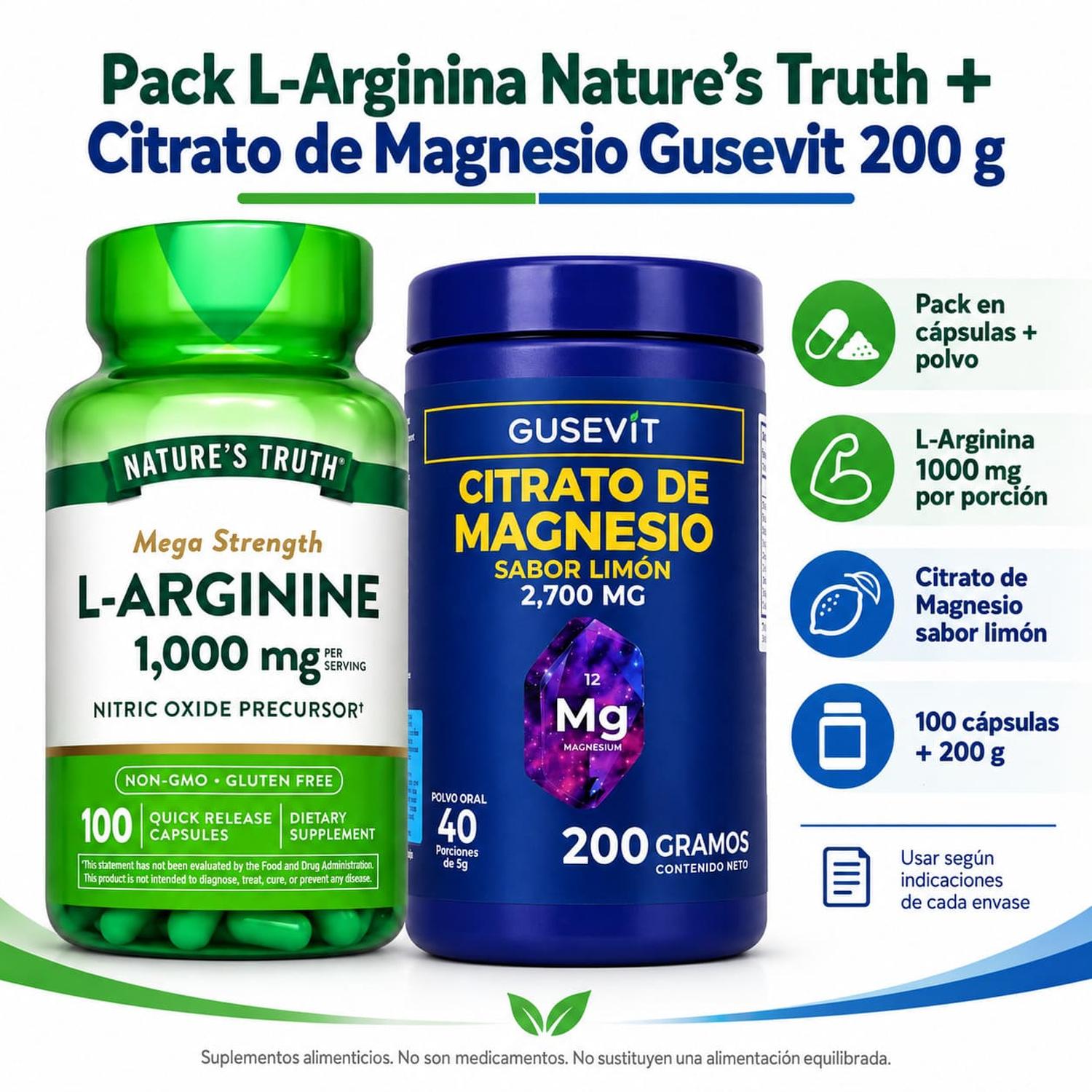 PACK L-ARGININA 1000 MG Y CITRATO DE MAGNESIO GUSEVIT 200 G LIMÓN - 2