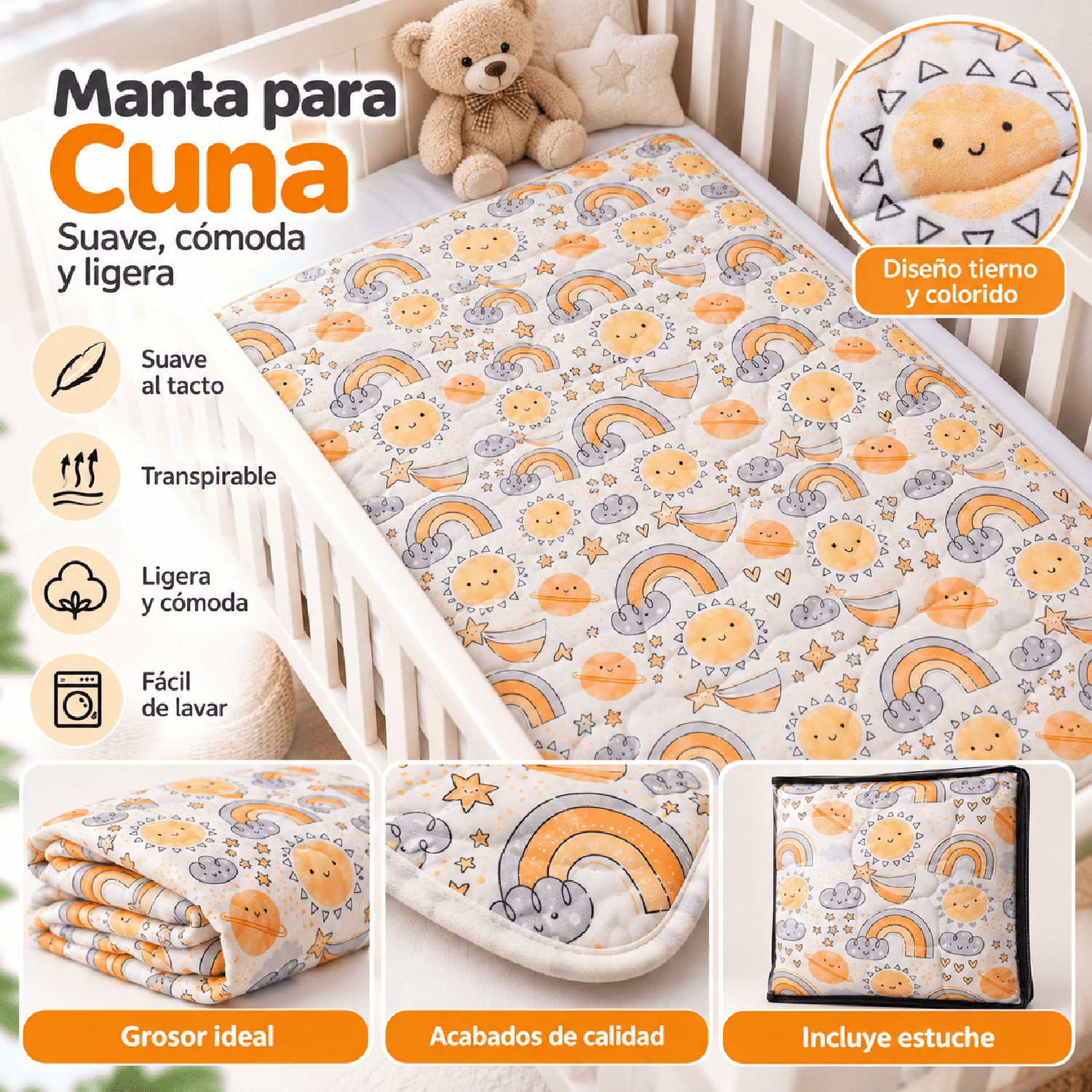MANTA ACOLCHADA PARA CUNA DE BEBÉ 300 HILOS SOL ARCOÍRIS NUBES - 2