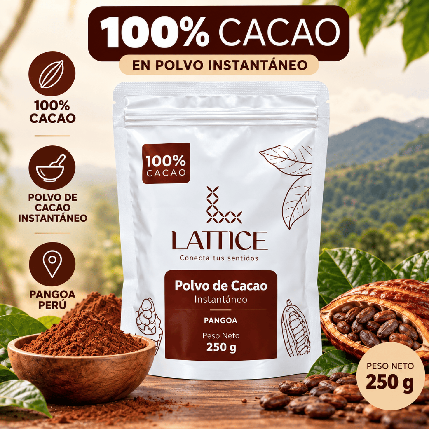 POLVO DE CACAO INSTANTÁNEO 100% CACAO 250 G LATTICE - 2