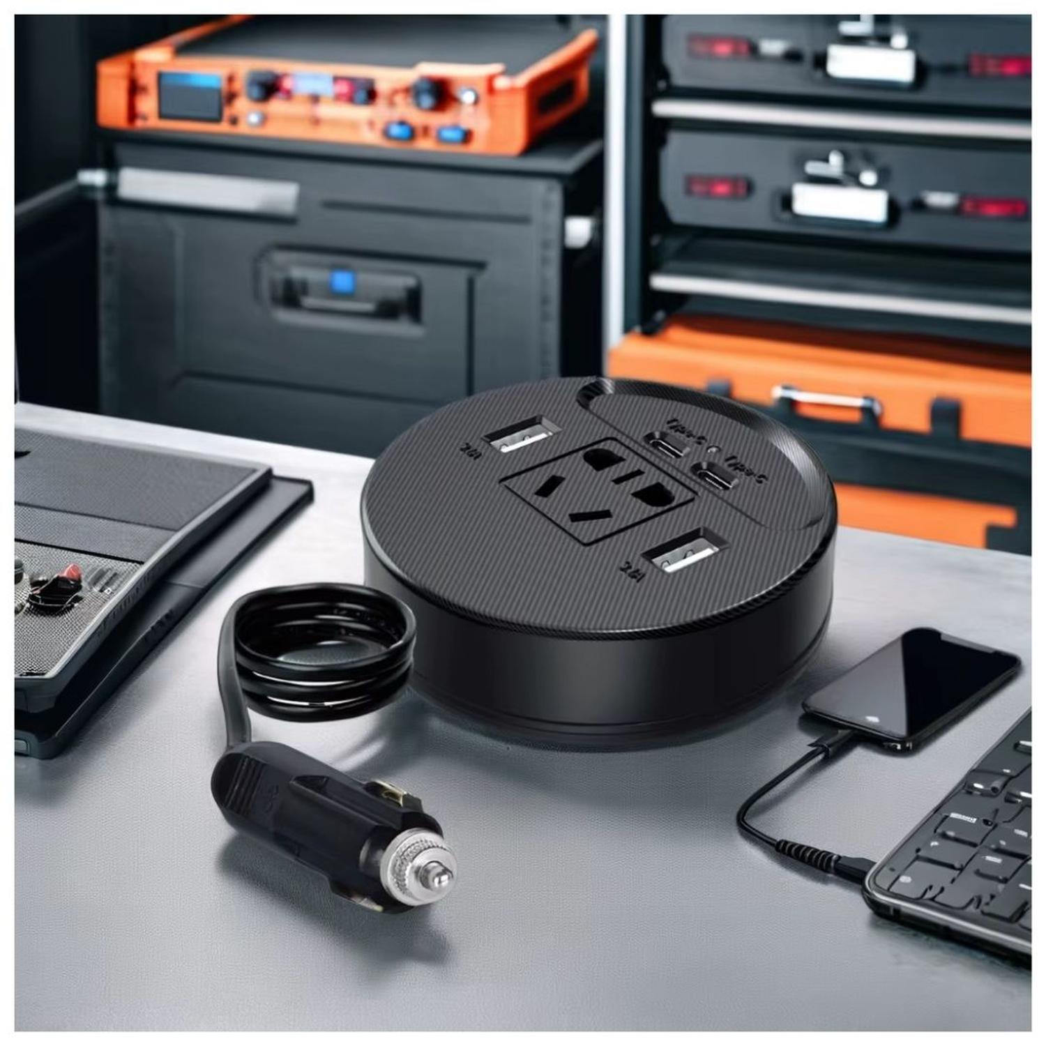 CARGADOR ADAPTADOR INVERSOR DE CORRIENTE PARA AUTO 150W 3 VÍAS USB+TIPO C+AC220V - 1