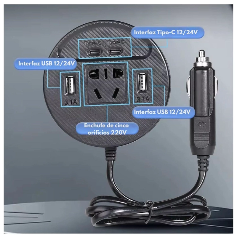 CARGADOR ADAPTADOR INVERSOR DE CORRIENTE PARA AUTO 150W 3 VÍAS USB+TIPO C+AC220V - 3