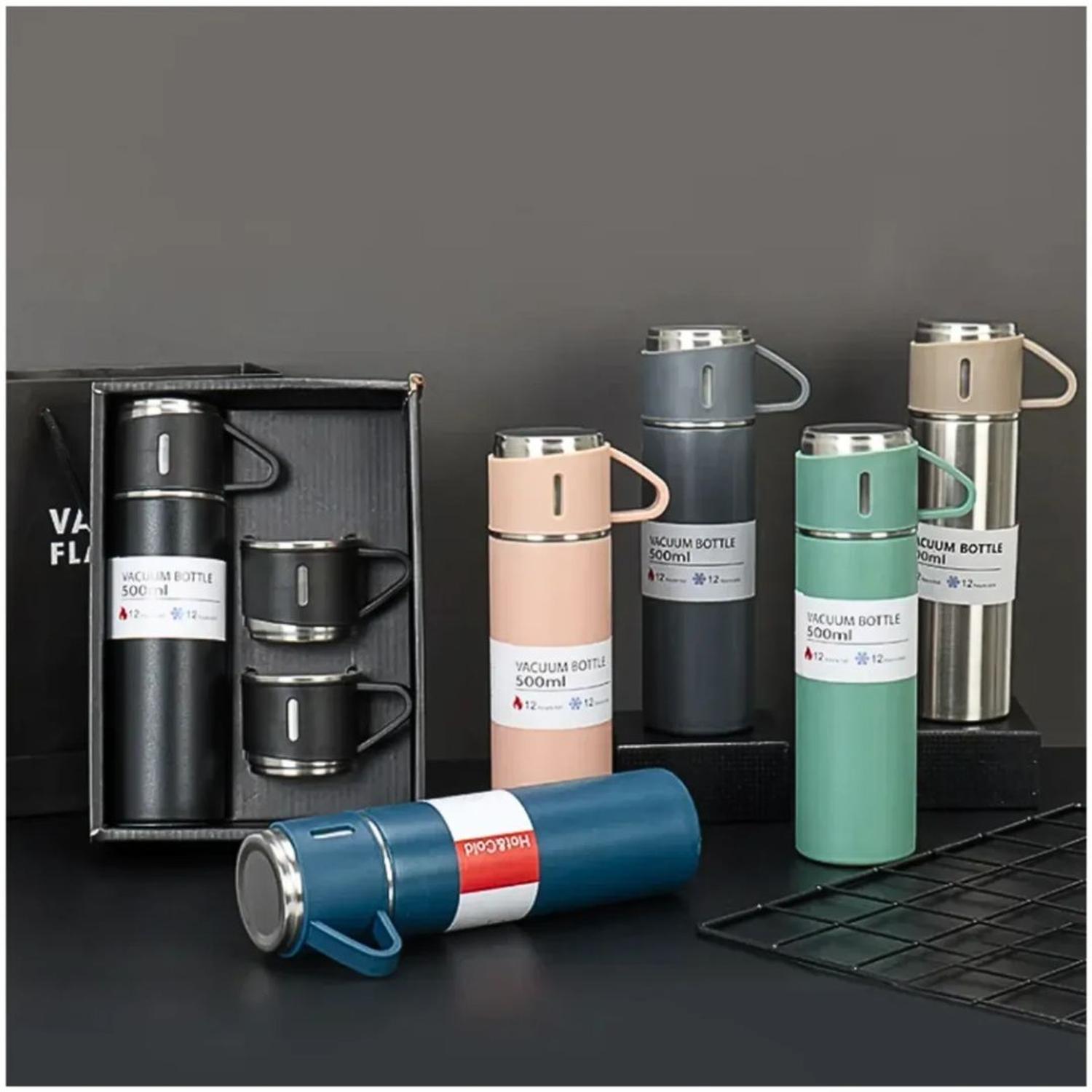 TERMO DE ACERO INOXIDABLE BEBIDAS FRÍAS Y CALIENTES DE 500 ML + 3 TAZAS TAMAÑO M - 1