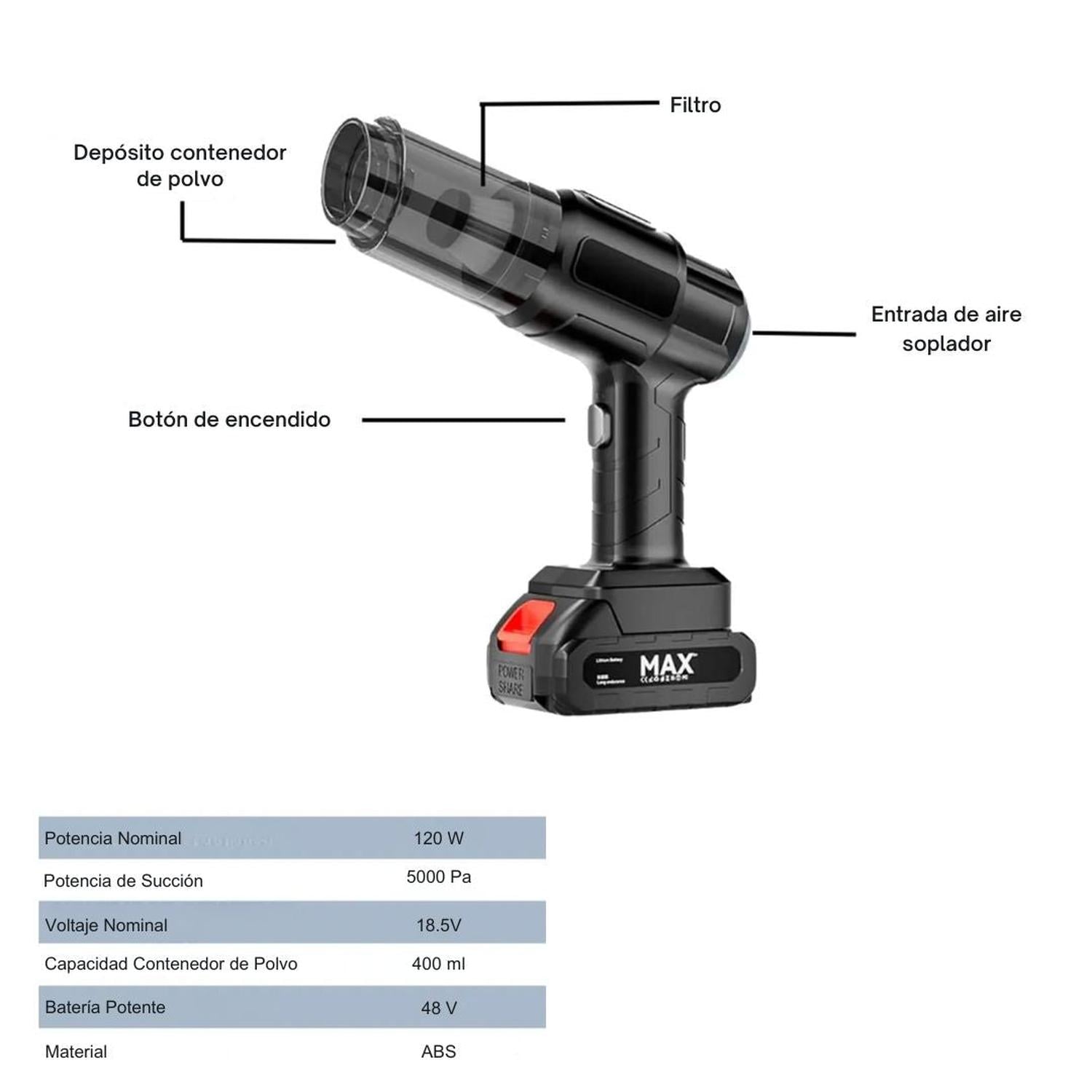 ASPIRADORA SOPLADORA PORTÁTIL RECARGABLE MULTIUSOS 2 EN 1 ALTA SUCCIÓN 120W X8549 - 5