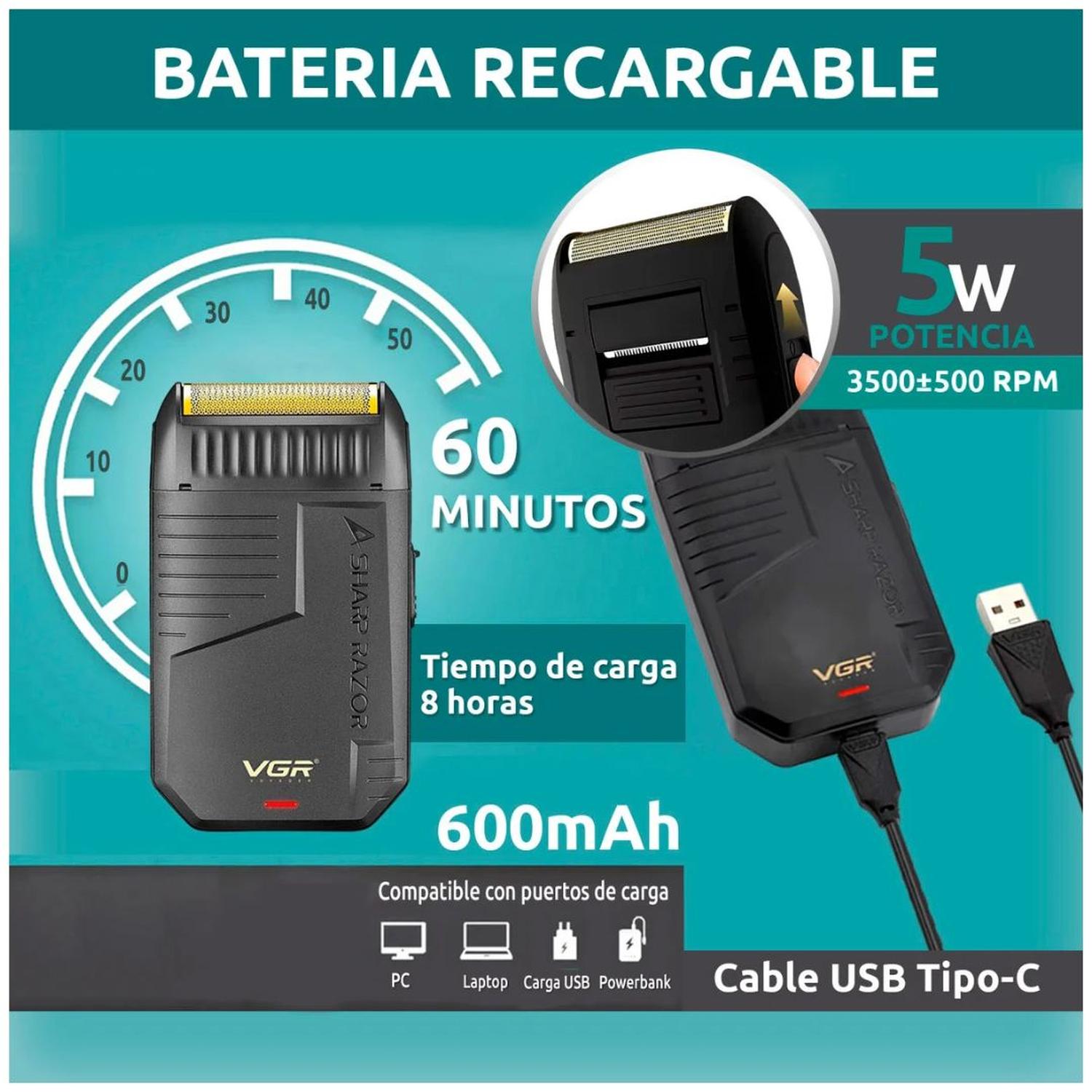 MÁQUINA AFEITADORA ELÉCTRICA RECARGABLE SHAVER VGR V-375 2 EN 1 RASURADORA PATILLERA - 2