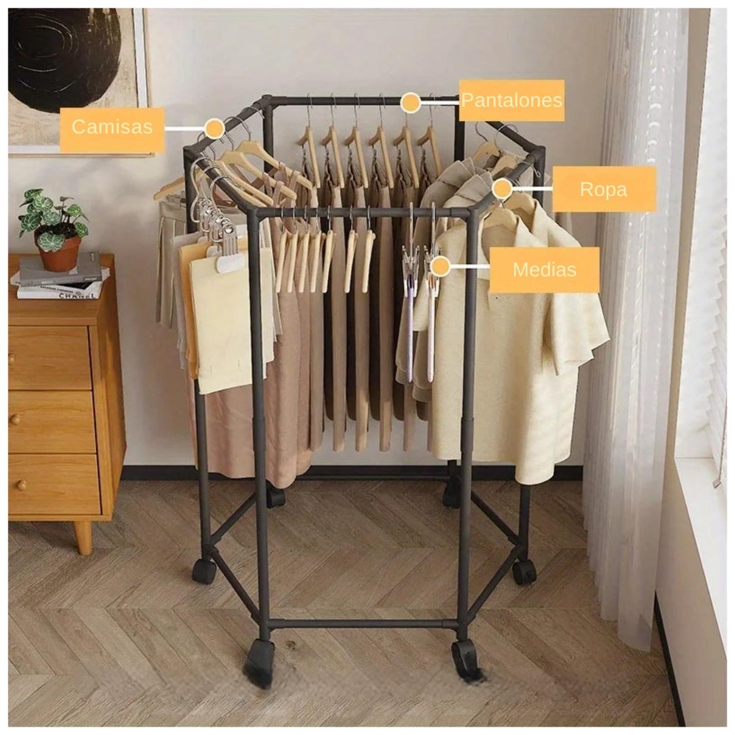 COLGADOR ORGANIZADOR DE ROPA DE 5 BARRAS GIRATORIO 360° CON RUEDAS 120X74X35CM TAMAÑO M - 2
