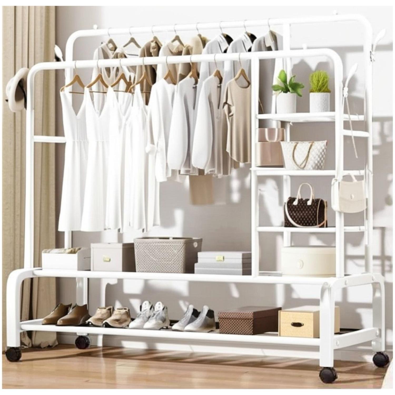 COLGADOR PERCHERO DE METAL CON RUEDAS CON DOBLE BARRA Y 6 REPISAS 160X110X55CM TAMAÑO M - 1