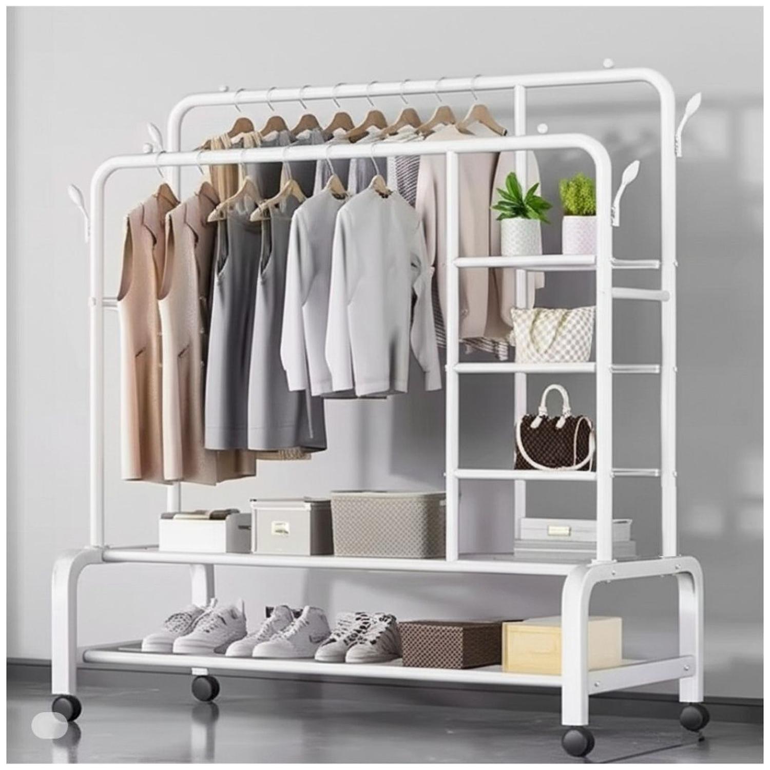 COLGADOR PERCHERO DE METAL CON RUEDAS CON DOBLE BARRA Y 6 REPISAS 160X110X55CM TAMAÑO M - 2