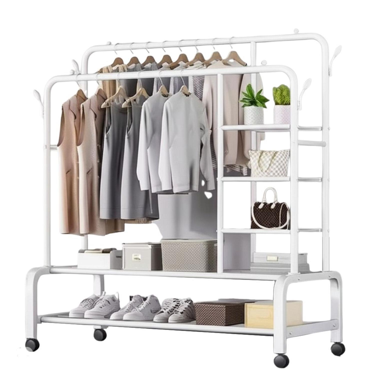 COLGADOR PERCHERO DE METAL CON RUEDAS CON DOBLE BARRA Y 6 REPISAS 160X110X55CM TAMAÑO M - 3