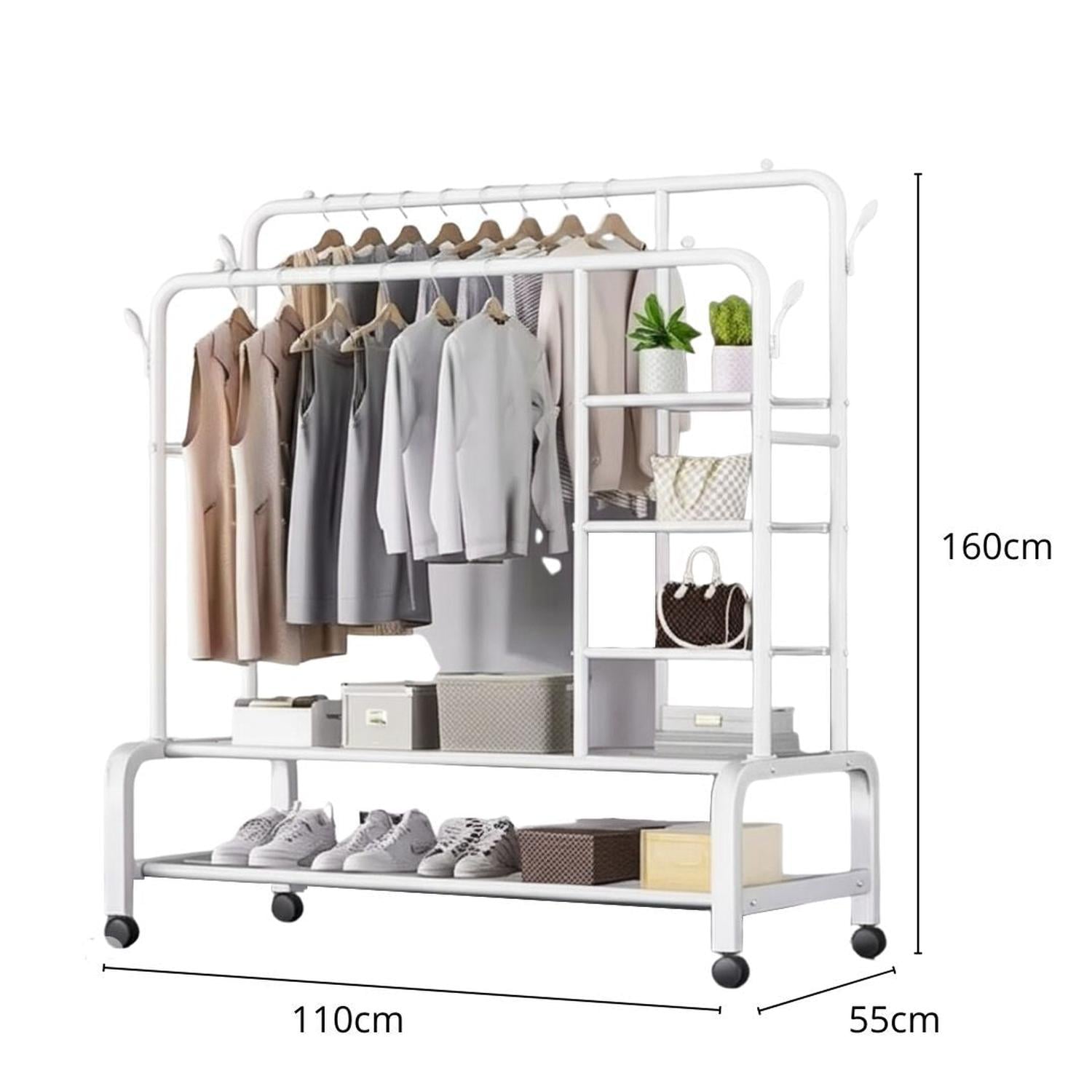 COLGADOR PERCHERO DE METAL CON RUEDAS CON DOBLE BARRA Y 6 REPISAS 160X110X55CM TAMAÑO M - 4