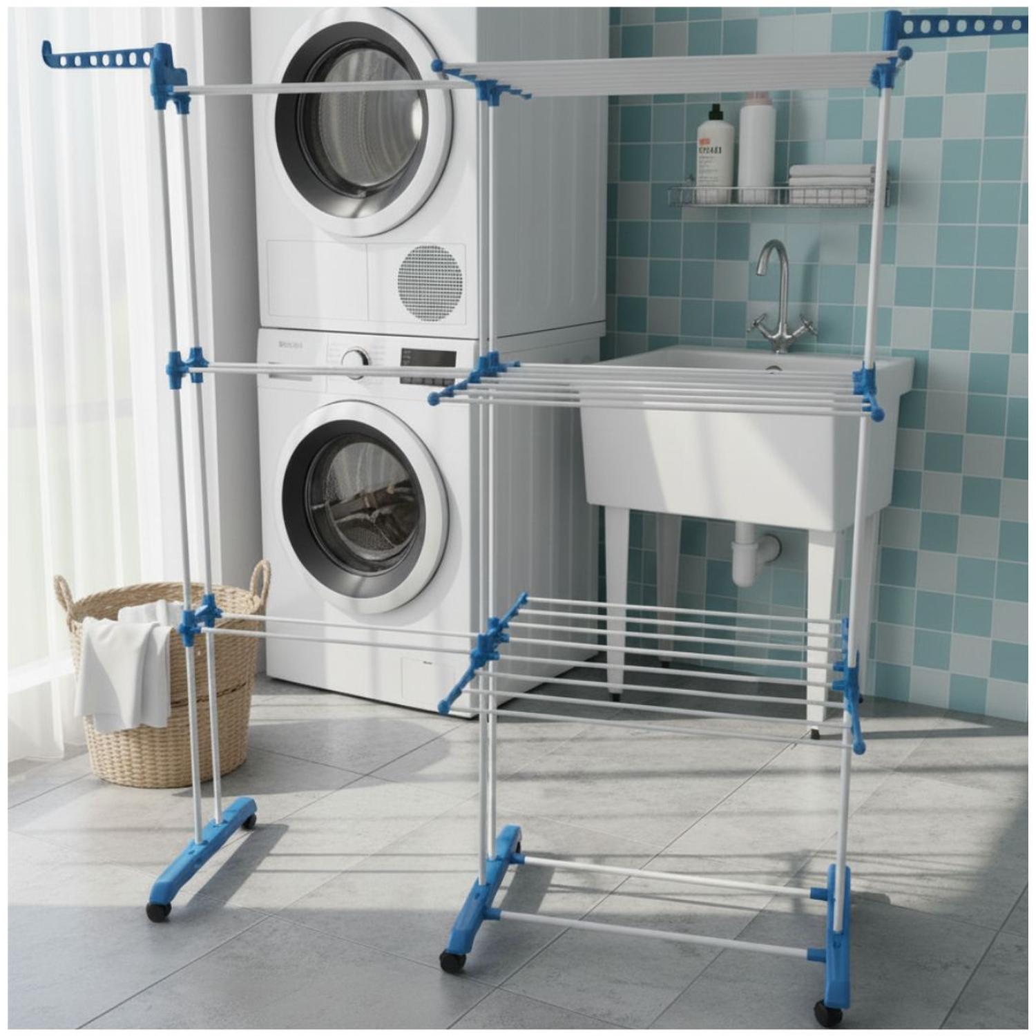 TENDEDERO DE ROPA MULTIFUNCIONAL 2 CUERPOS 4 NIVELES PLEGABLE CON RUEDAS - 1