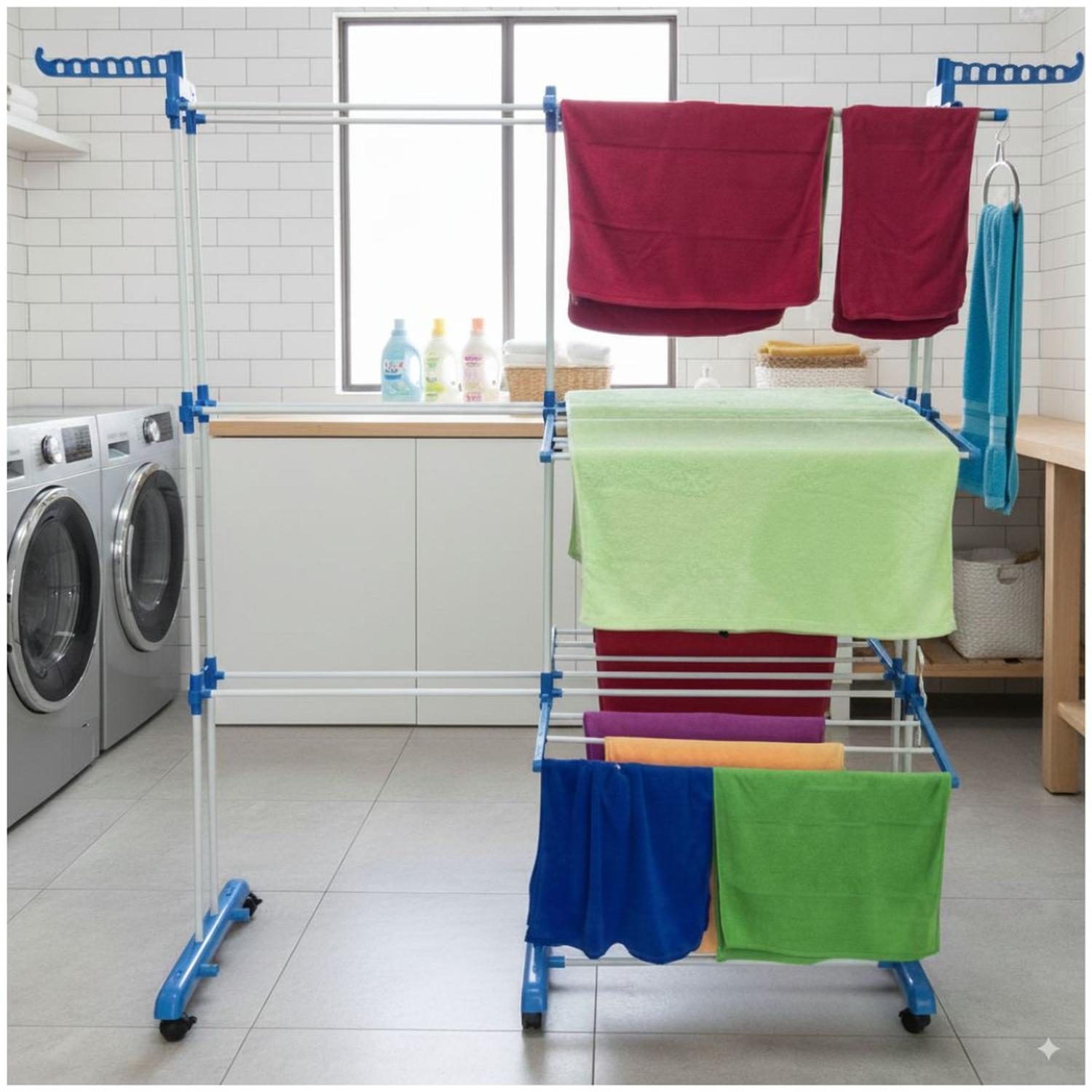 TENDEDERO DE ROPA MULTIFUNCIONAL 2 CUERPOS 4 NIVELES PLEGABLE CON RUEDAS - 3