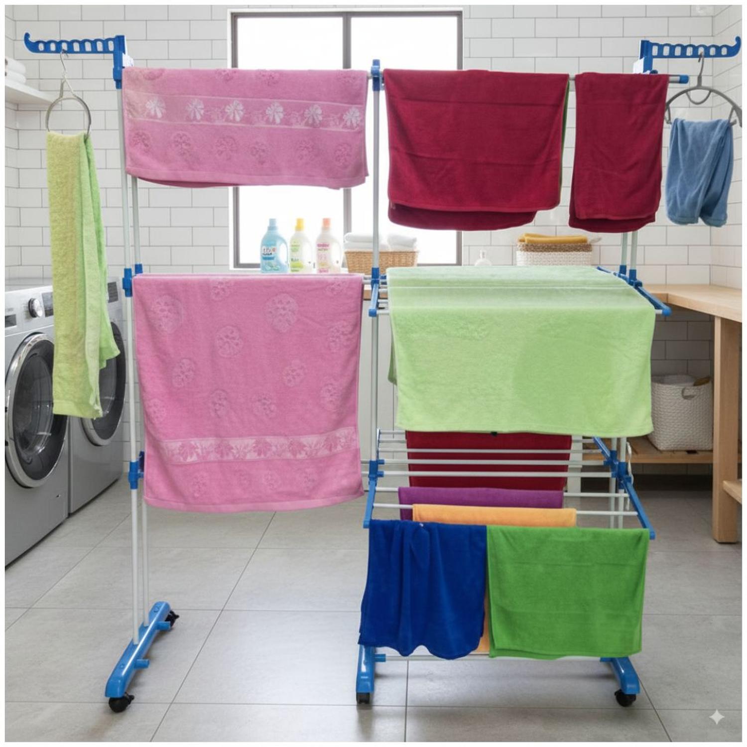 TENDEDERO DE ROPA MULTIFUNCIONAL 2 CUERPOS 4 NIVELES PLEGABLE CON RUEDAS - 4