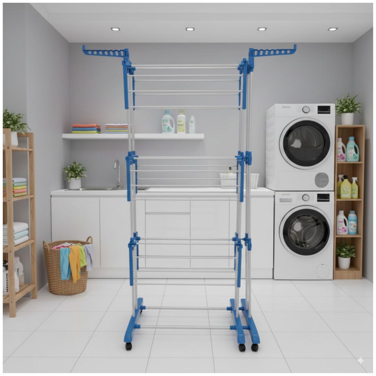 TENDEDERO DE ROPA MULTIFUNCIONAL 2 CUERPOS 4 NIVELES PLEGABLE CON RUEDAS - 6