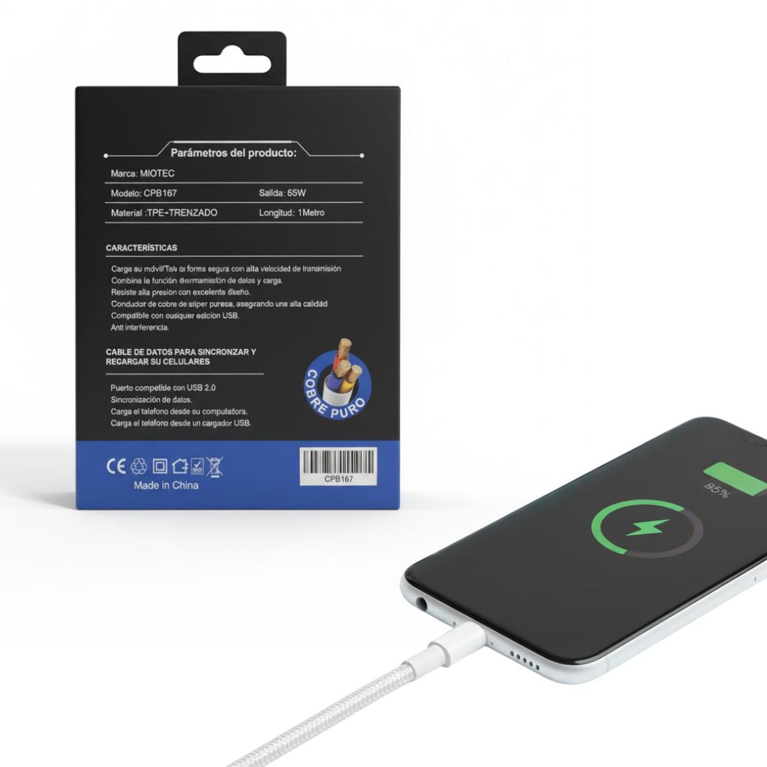 CABLE CARGA RÁPIDA Y DATOS PARA CELULAR CPB167 DE 65W TIPO C - 2