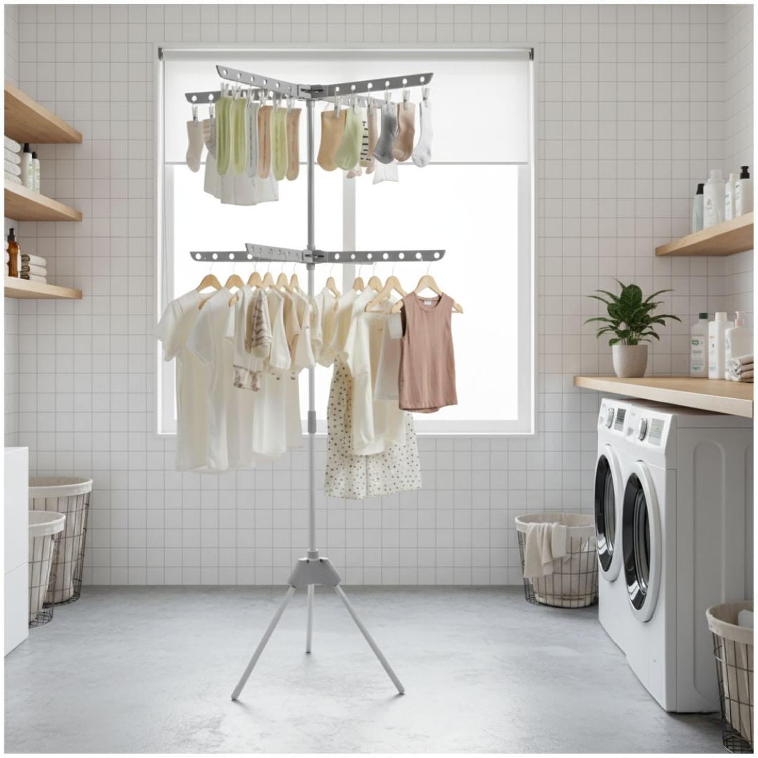 TENDEDERO DE ROPA VERTICAL 2 NIVELES PLEGABLE MULTIFUNCIONAL TAMAÑO M - 1
