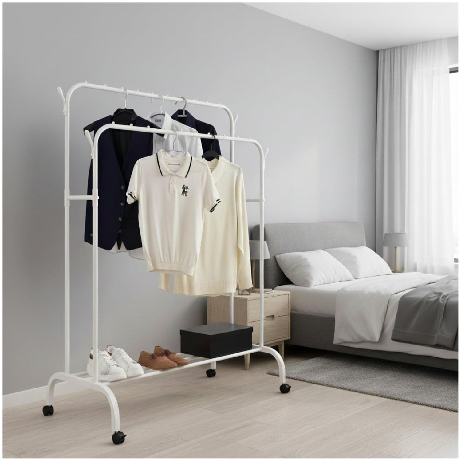 COLGADOR PERCHERO ORGANIZADOR DE ROPA DOBLE BARRA DE METAL CON RUEDAS 150X110X57CM TAMAÑO M - 1