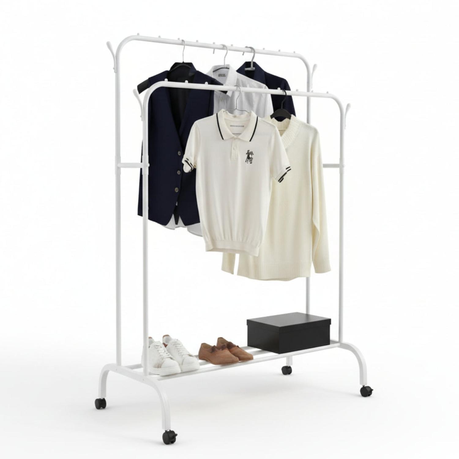 COLGADOR PERCHERO ORGANIZADOR DE ROPA DOBLE BARRA DE METAL CON RUEDAS 150X110X57CM TAMAÑO M - 2