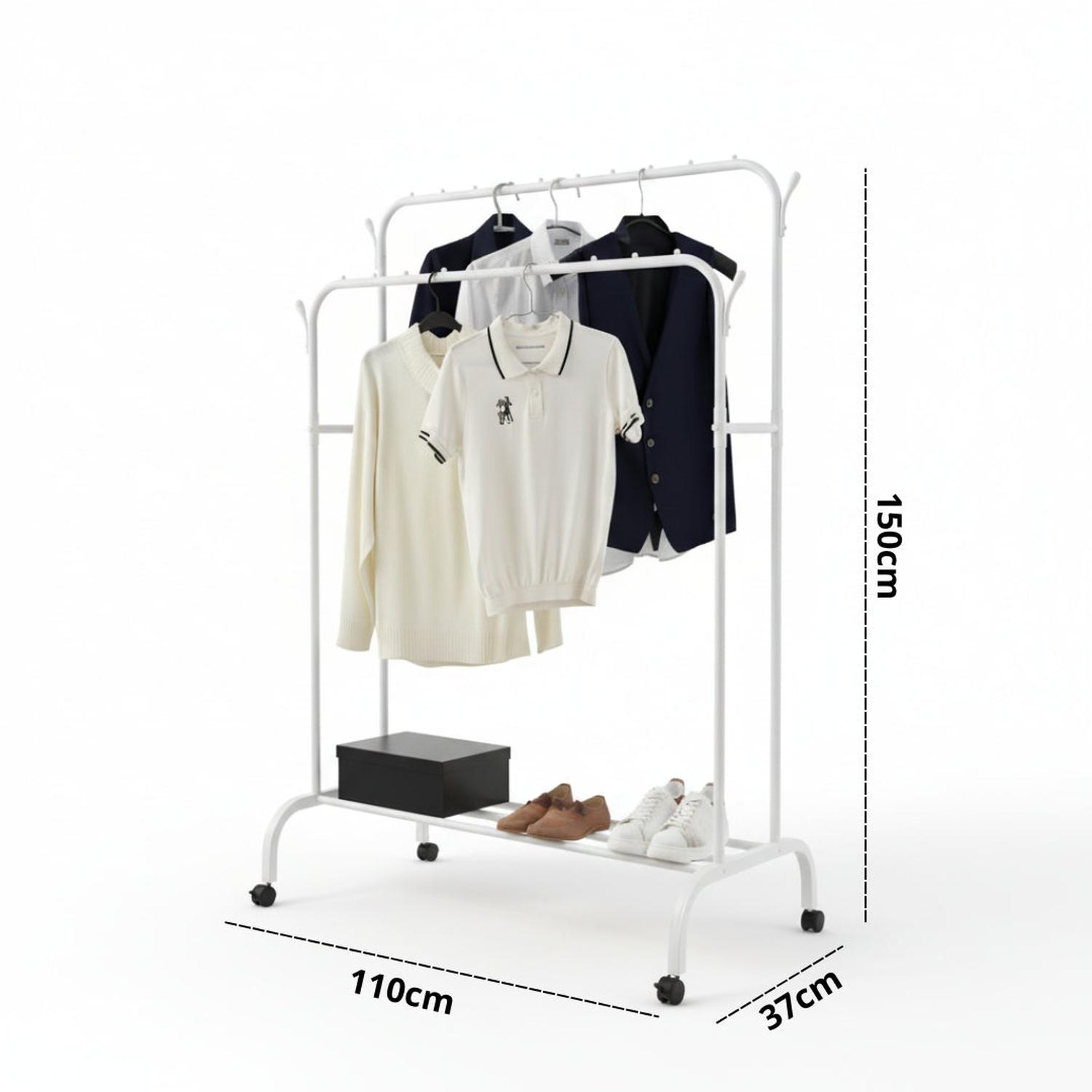 COLGADOR PERCHERO ORGANIZADOR DE ROPA DOBLE BARRA DE METAL CON RUEDAS 150X110X57CM TAMAÑO M - 4