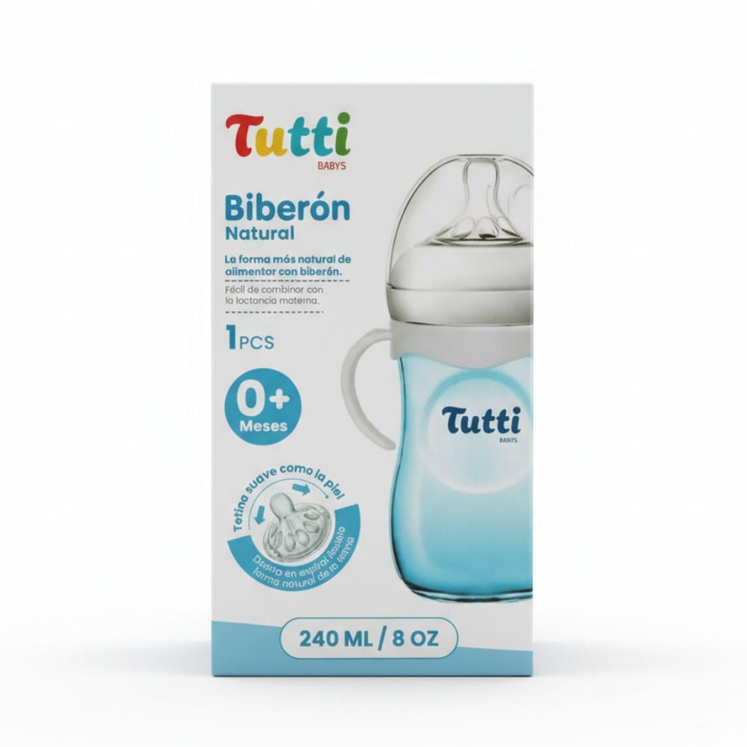 BIBERÓN NATURAL TUTTI DE 240 ML 8 OZ TETINA ANCHA ANTICÓLICOS ASA ERGONÓMICA TAMAÑO M - 2