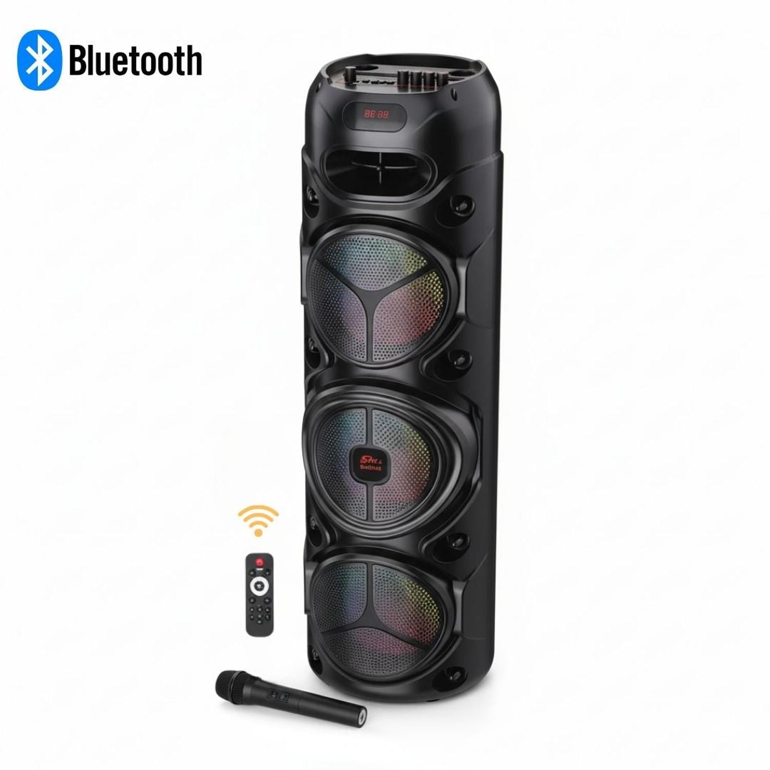 PARLANTE BLUETOOTH LUCES LED DE 60W CON TRIPLE PARLANTE DE 8' + MICRÓFONO + CONTROL - 1