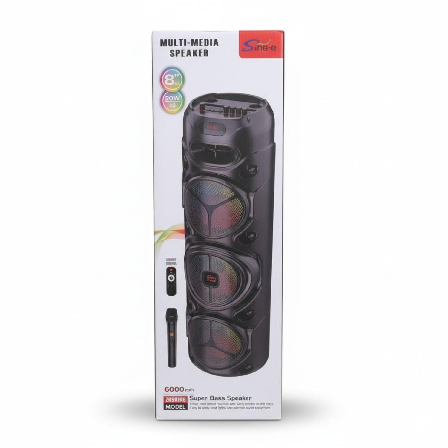 PARLANTE BLUETOOTH LUCES LED DE 60W CON TRIPLE PARLANTE DE 8' + MICRÓFONO + CONTROL - 8