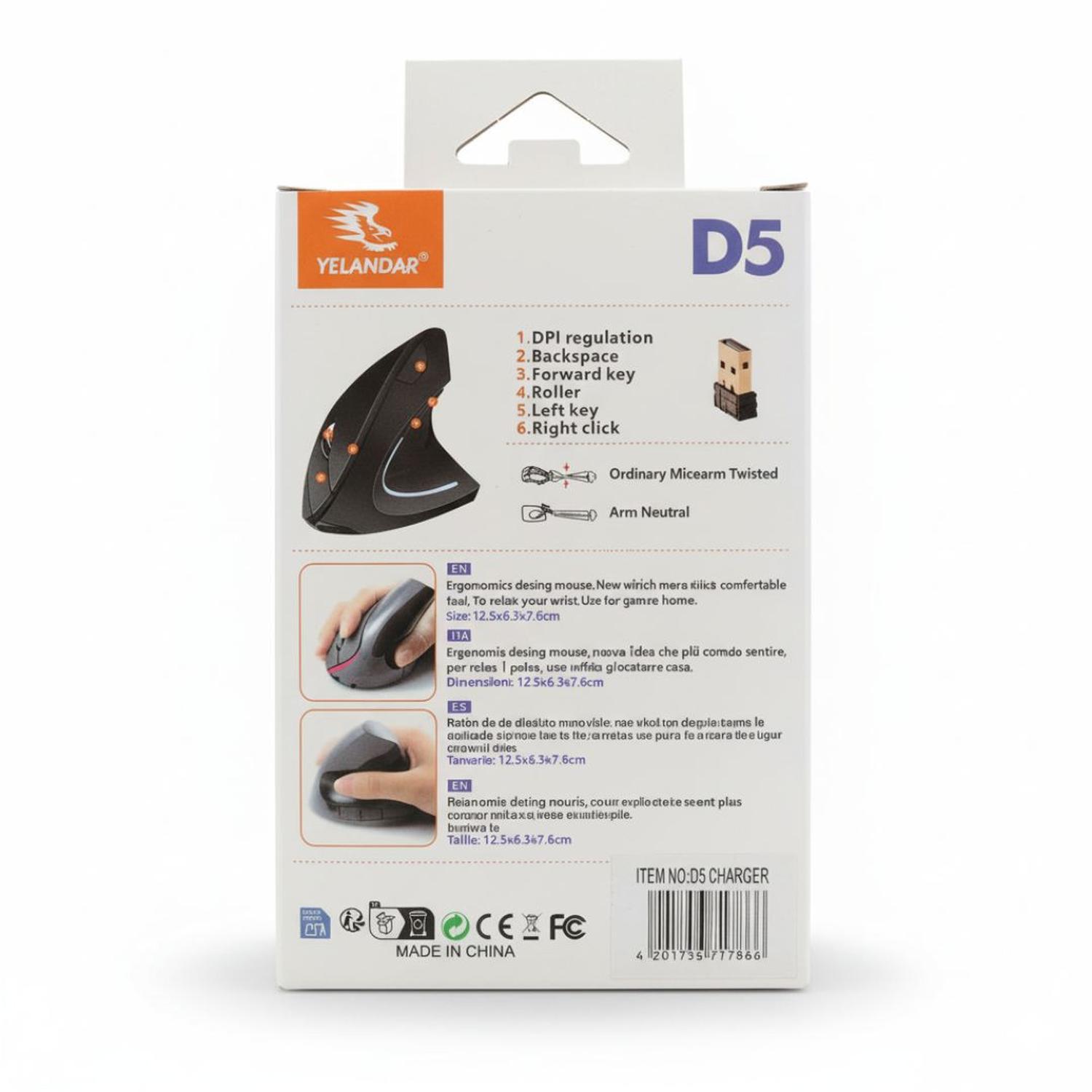 MOUSE VERTICAL ERGONÓMICO D5 INALÁMBRICO RECARGABLE CONECTIVIDAD USB 3.0 DPI 3600 - 5