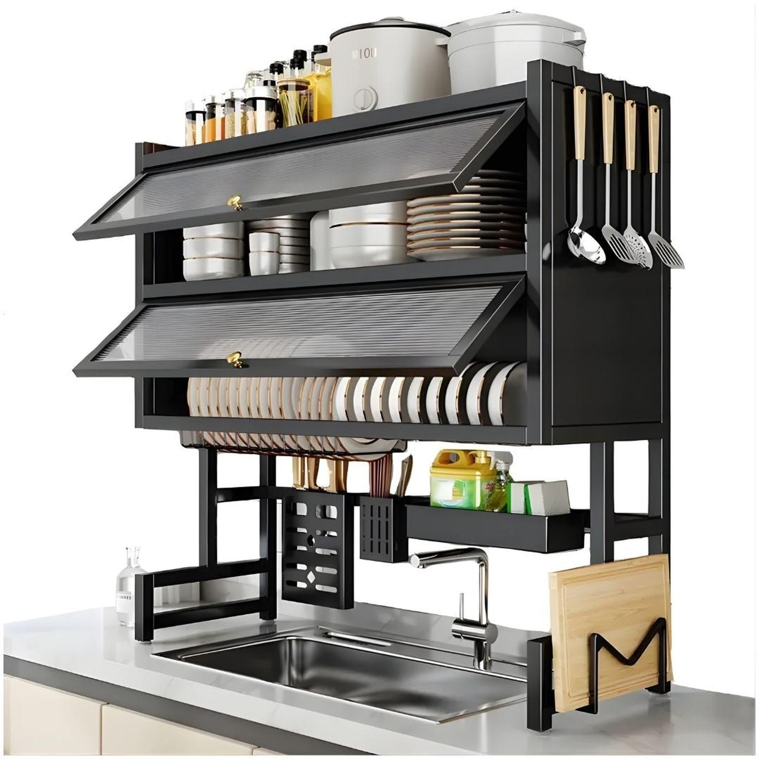 ORGANIZADOR Y ESCURRIDOR DE PLATOS 3 NIVELES CON DOBLE TAPA ACERO AL CARBONO 85CM - 1