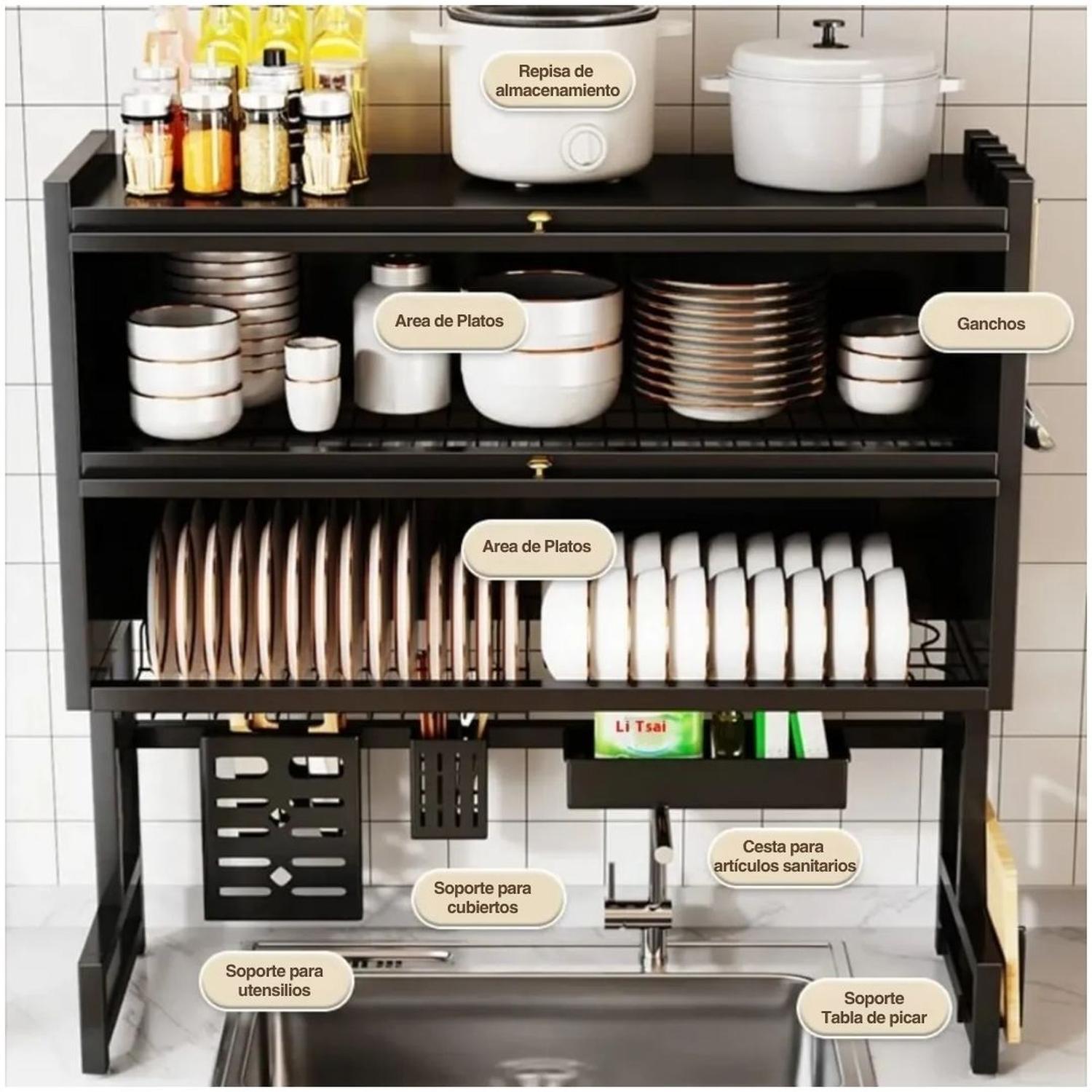 ORGANIZADOR Y ESCURRIDOR DE PLATOS 3 NIVELES CON DOBLE TAPA ACERO AL CARBONO 85CM - 2
