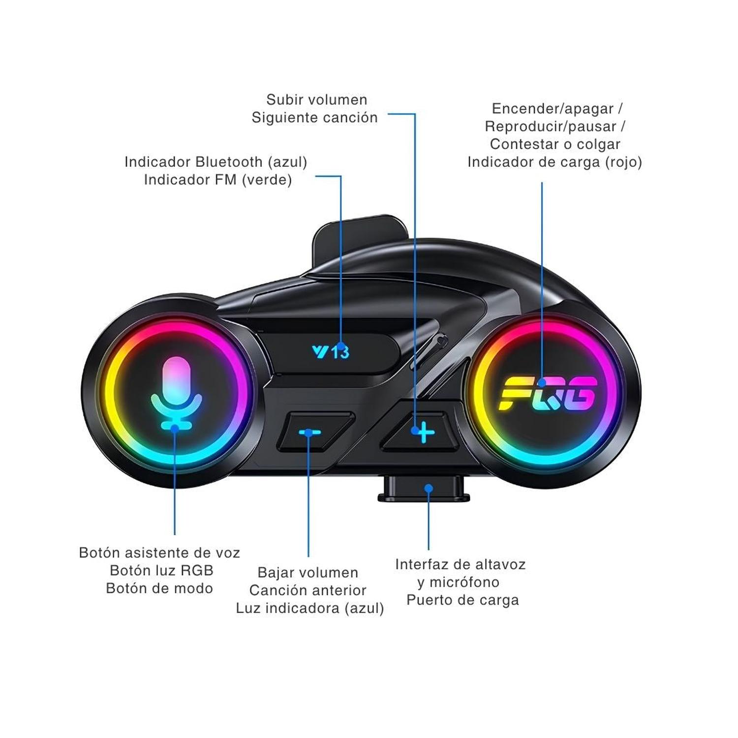 AUDÍFONOS BLUETOOTH RGB PARA MOTO DEPORTIVO Y13 CON MICRÓFONO AURICULAR FM - 4