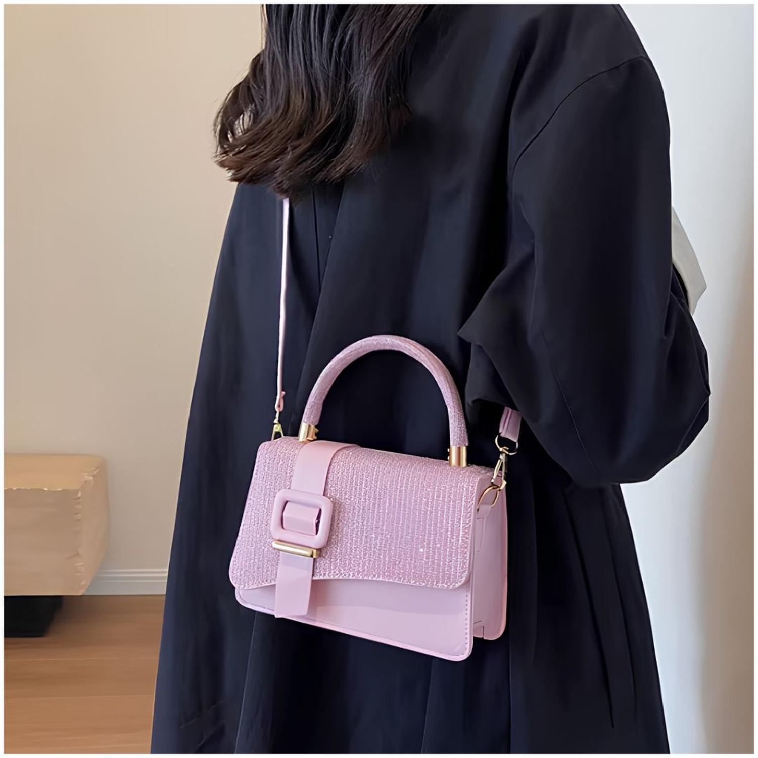 CARTERA DE MANO CON BRILLOS CON ASA Y CORREA AJUSTABLE DISEÑO ELEGANTE TAMAÑO M - 1