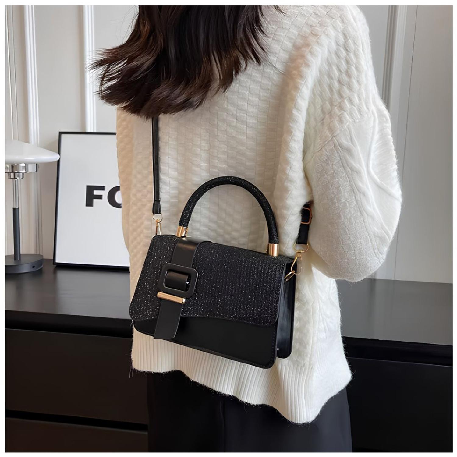 CARTERA DE MANO CON BRILLOS CON ASA Y CORREA AJUSTABLE DISEÑO ELEGANTE TAMAÑO M - 1