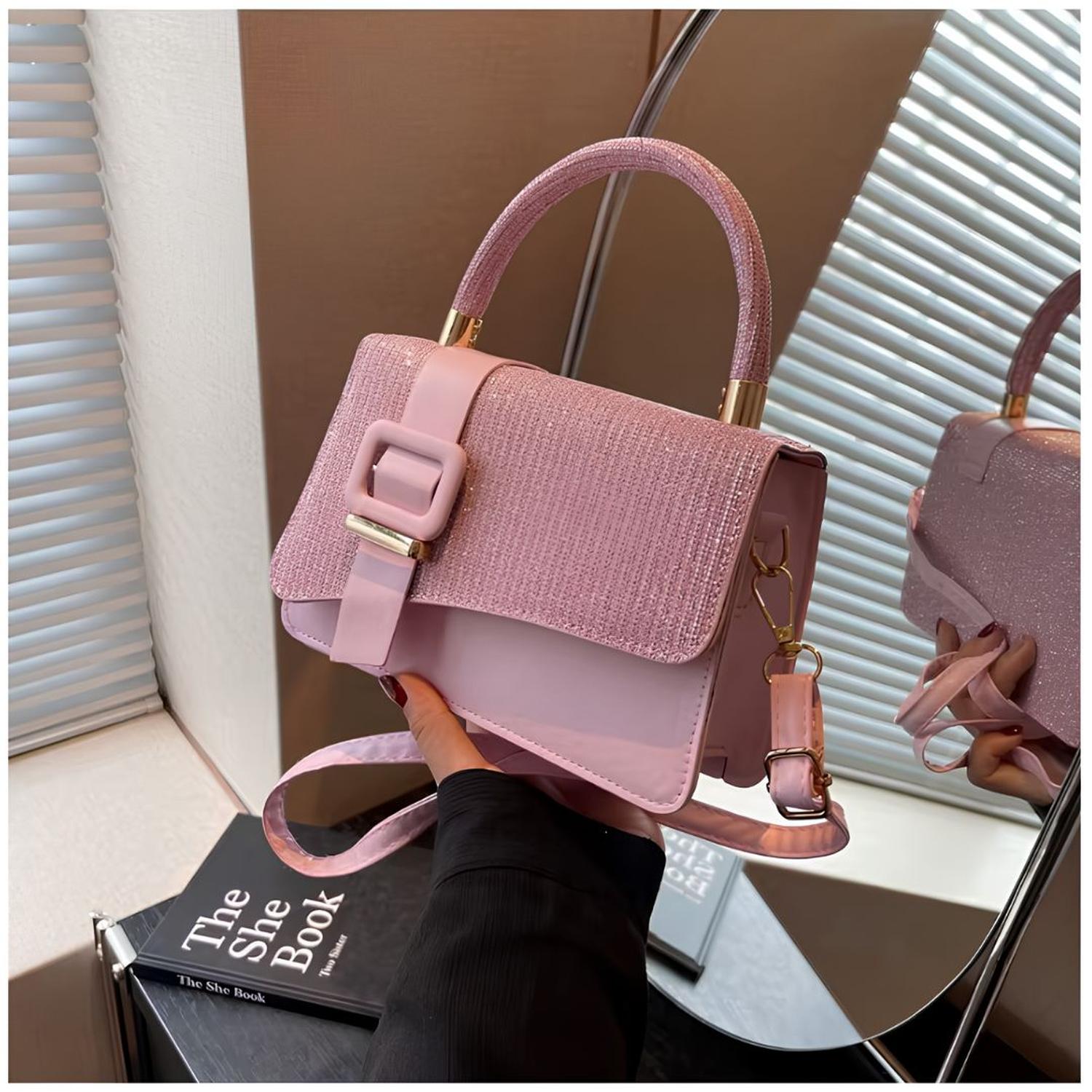 CARTERA DE MANO CON BRILLOS CON ASA Y CORREA AJUSTABLE DISEÑO ELEGANTE TAMAÑO M - 2