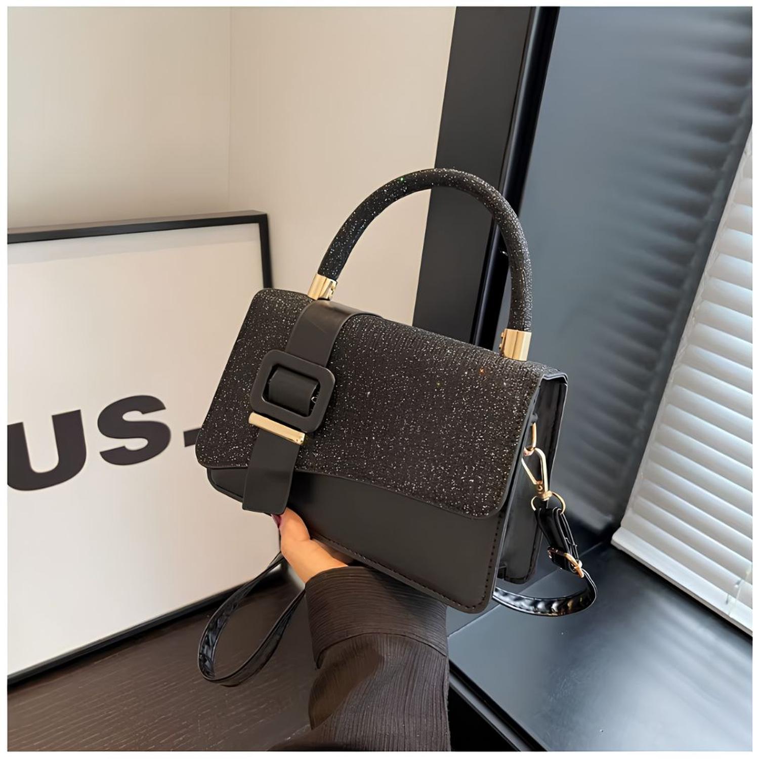 CARTERA DE MANO CON BRILLOS CON ASA Y CORREA AJUSTABLE DISEÑO ELEGANTE TAMAÑO M - 2