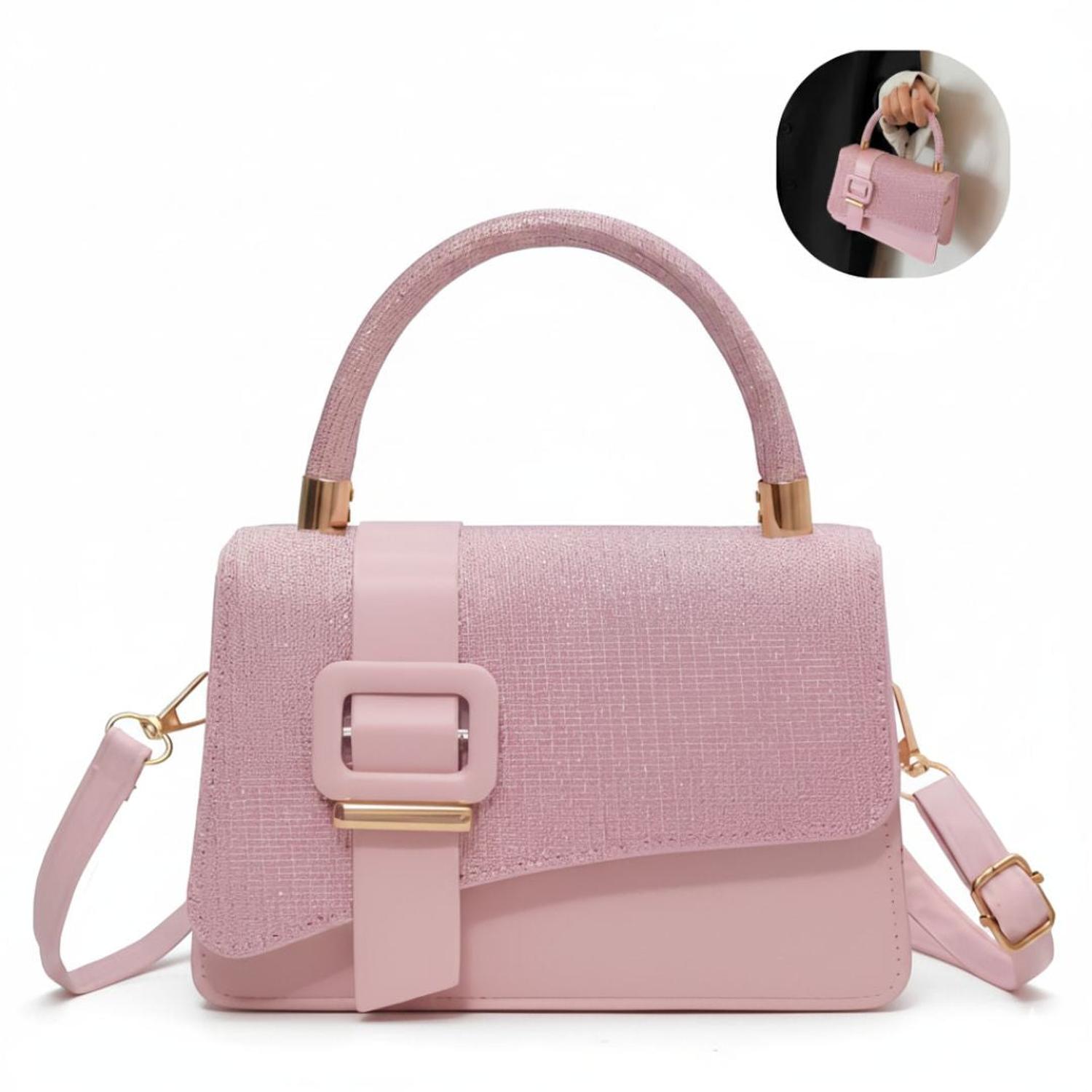 CARTERA DE MANO CON BRILLOS CON ASA Y CORREA AJUSTABLE DISEÑO ELEGANTE TAMAÑO M - 3