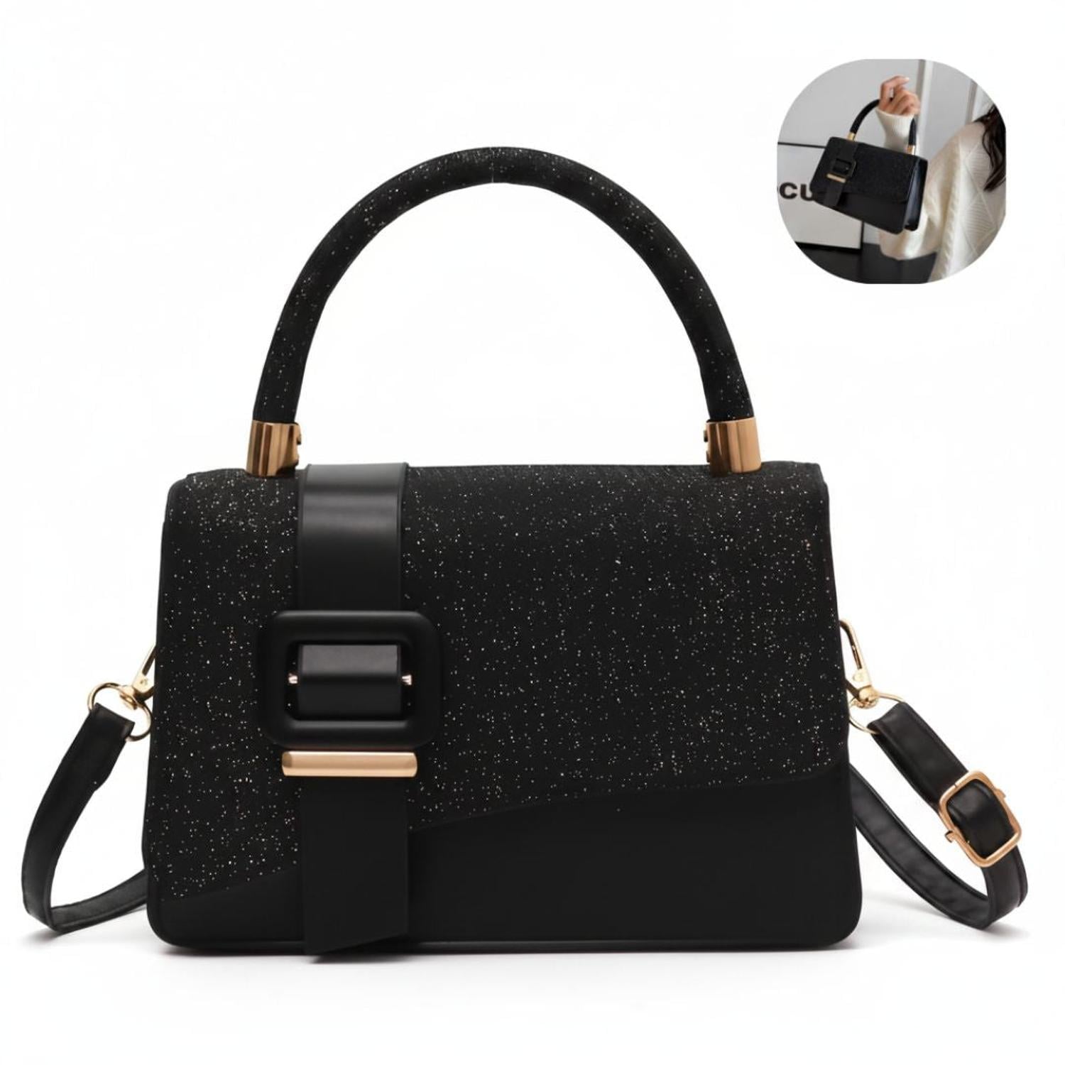 CARTERA DE MANO CON BRILLOS CON ASA Y CORREA AJUSTABLE DISEÑO ELEGANTE TAMAÑO M - 4