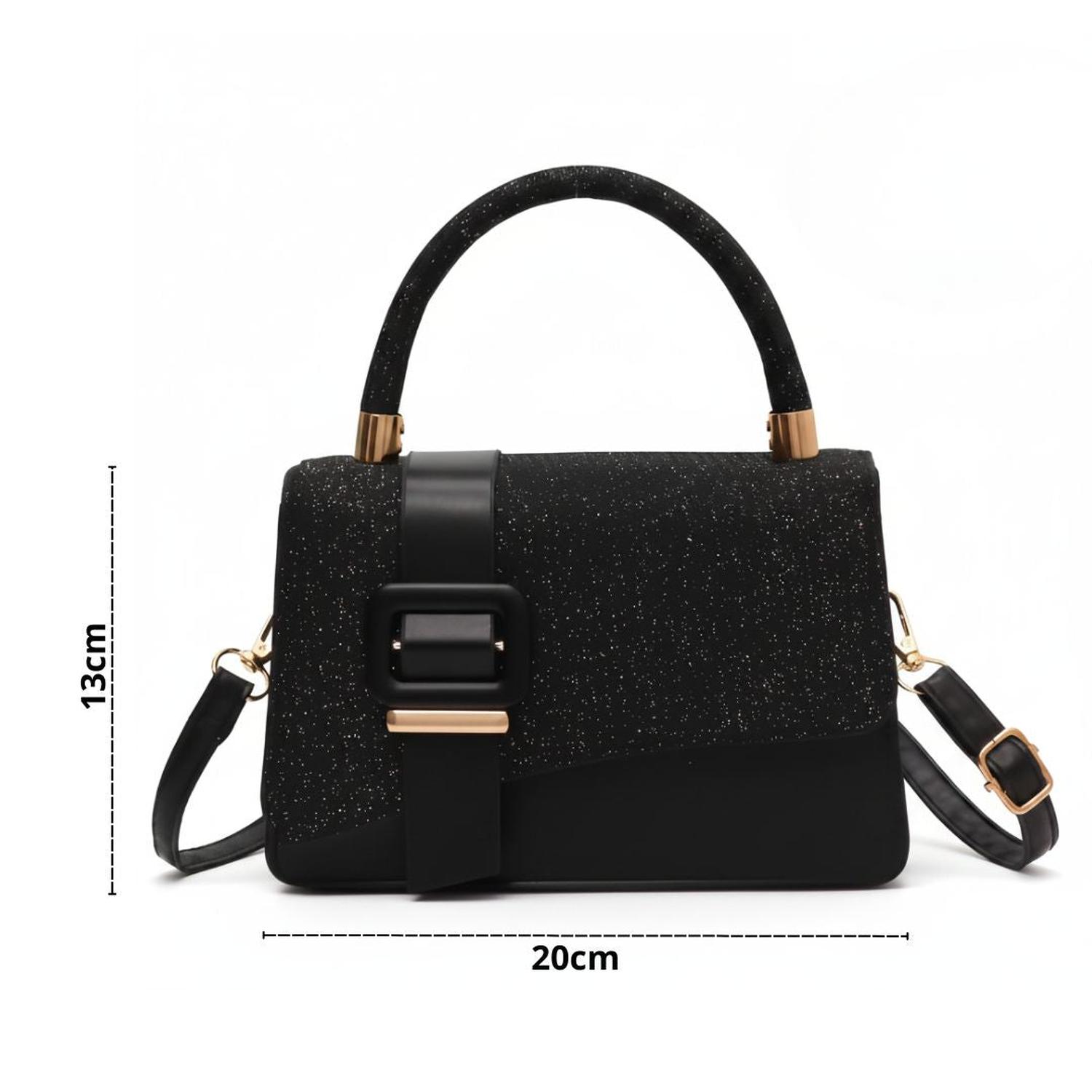 CARTERA DE MANO CON BRILLOS CON ASA Y CORREA AJUSTABLE DISEÑO ELEGANTE TAMAÑO M - 5