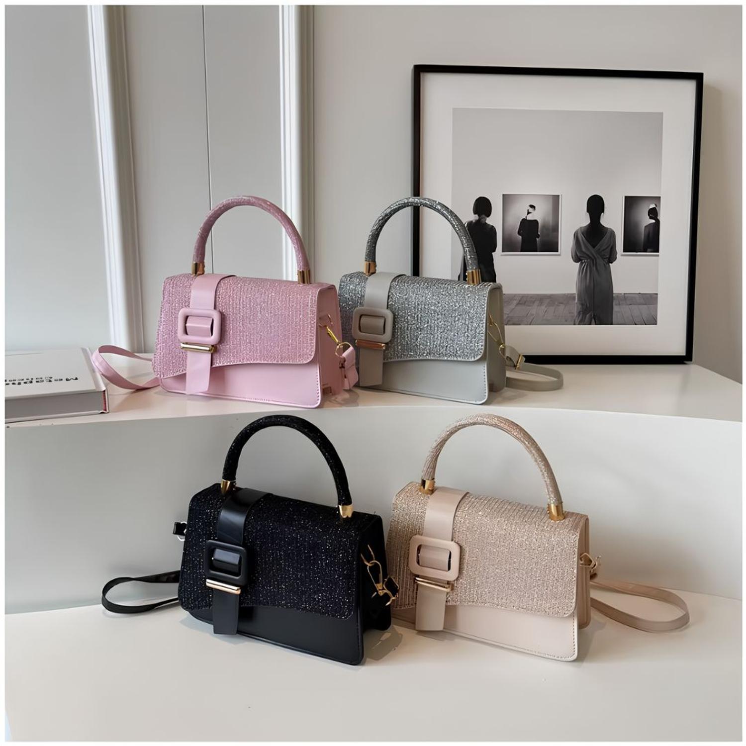 CARTERA DE MANO CON BRILLOS CON ASA Y CORREA AJUSTABLE DISEÑO ELEGANTE TAMAÑO M - 6