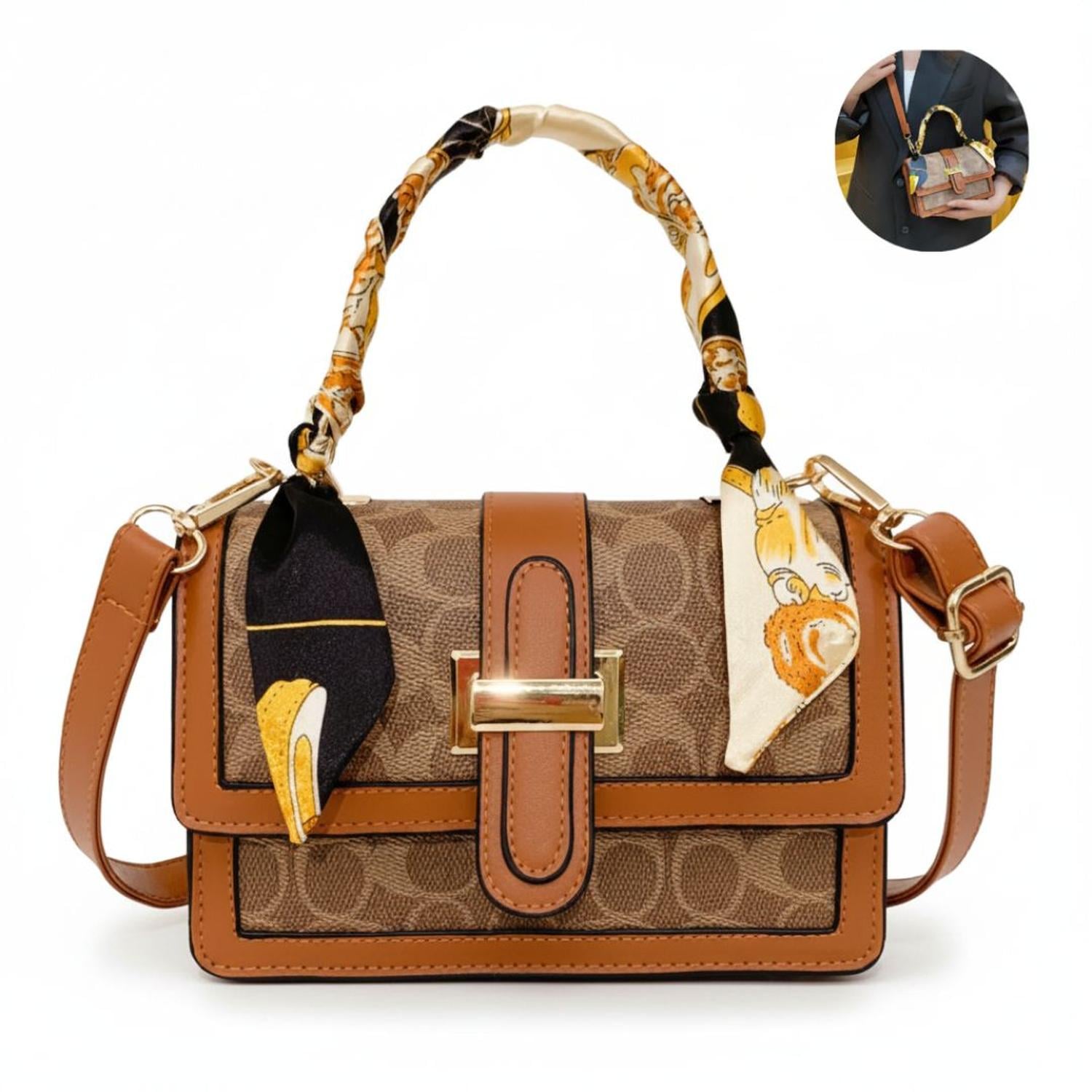 CARTERA DE MANO CON ASA Y CORREA AJUSTABLE ESTILO CASUAL CON PAÑUELO TAMAÑO M - 4