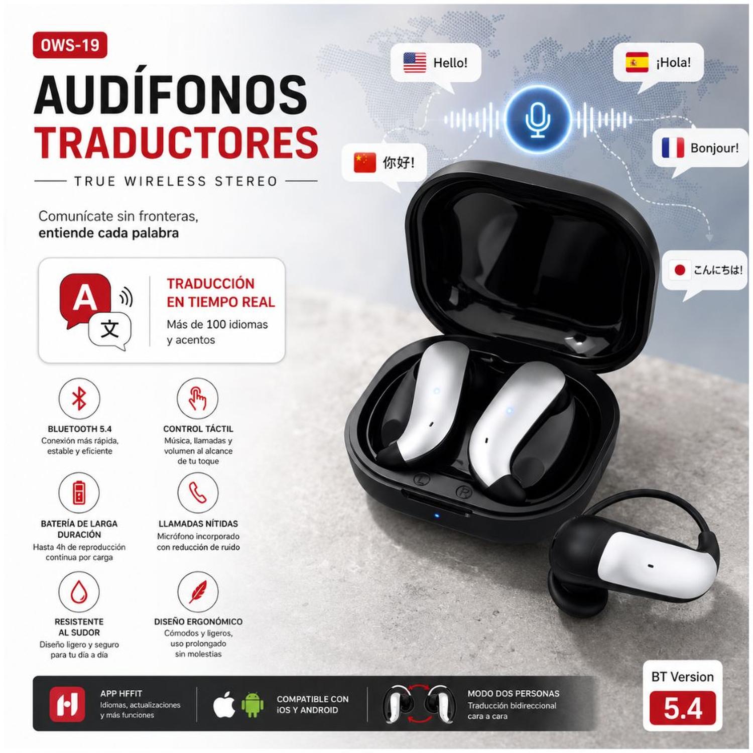 AUDÍFONOS TRADUCTORES OWS-19 BLUETOOTH 5.4 TRADUCCIÓN EN TIEMPO REAL APP HFFIT - 3