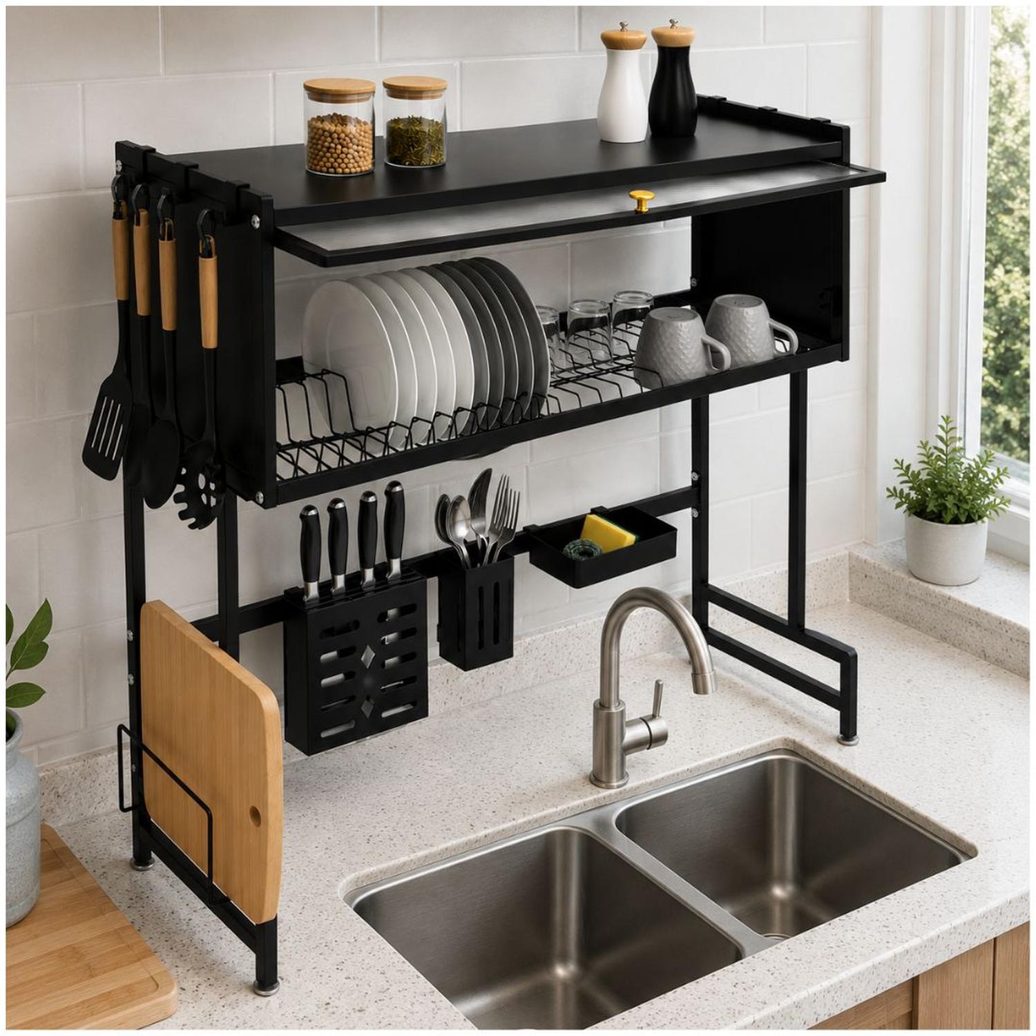 ESCURRIDOR ORGANIZADOR DE COCINA PLATOS 2 NIVELES CON TAPA ACERO AL CARBONO 85CM - 1
