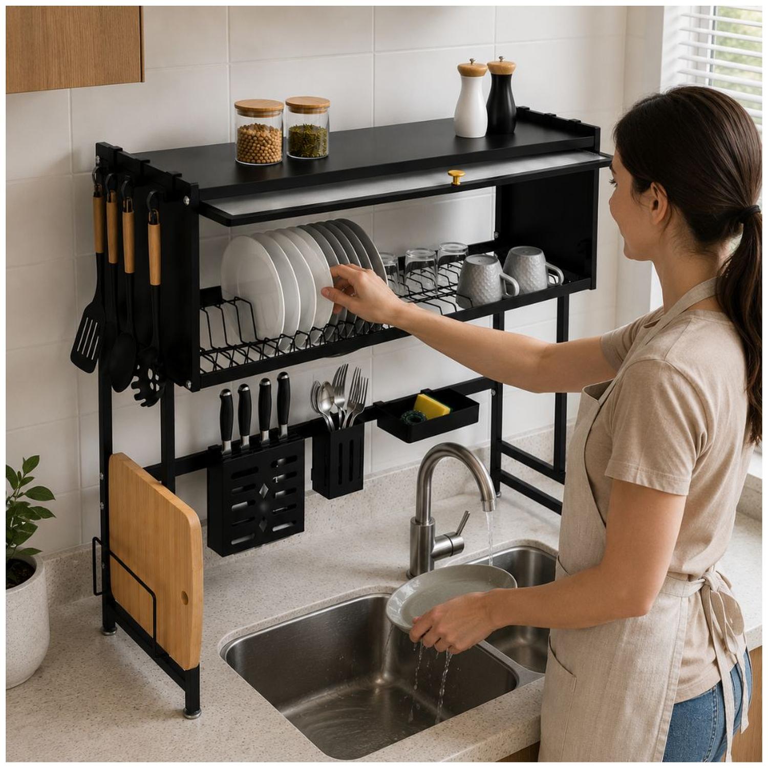 ESCURRIDOR ORGANIZADOR DE COCINA PLATOS 2 NIVELES CON TAPA ACERO AL CARBONO 85CM - 2