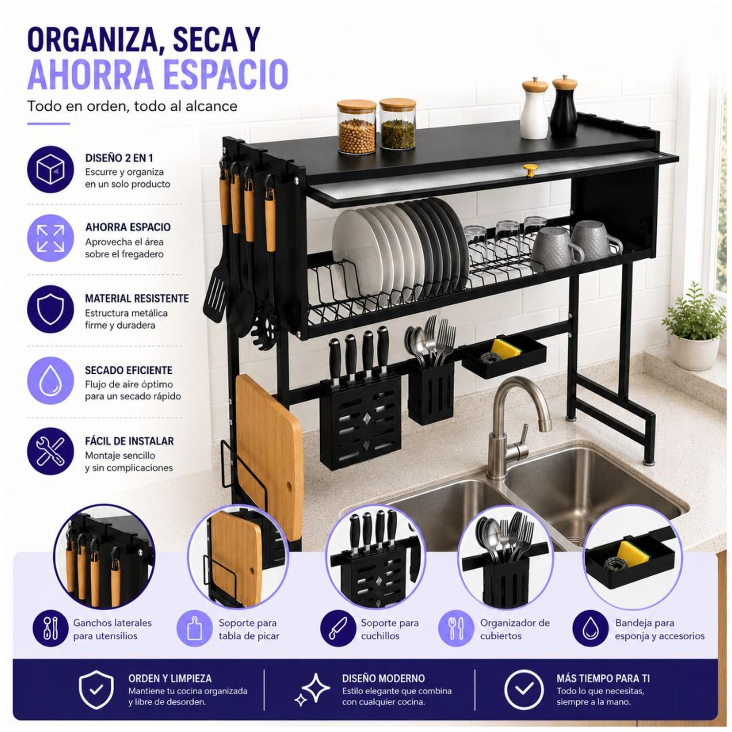 ESCURRIDOR ORGANIZADOR DE COCINA PLATOS 2 NIVELES CON TAPA ACERO AL CARBONO 85CM - 3