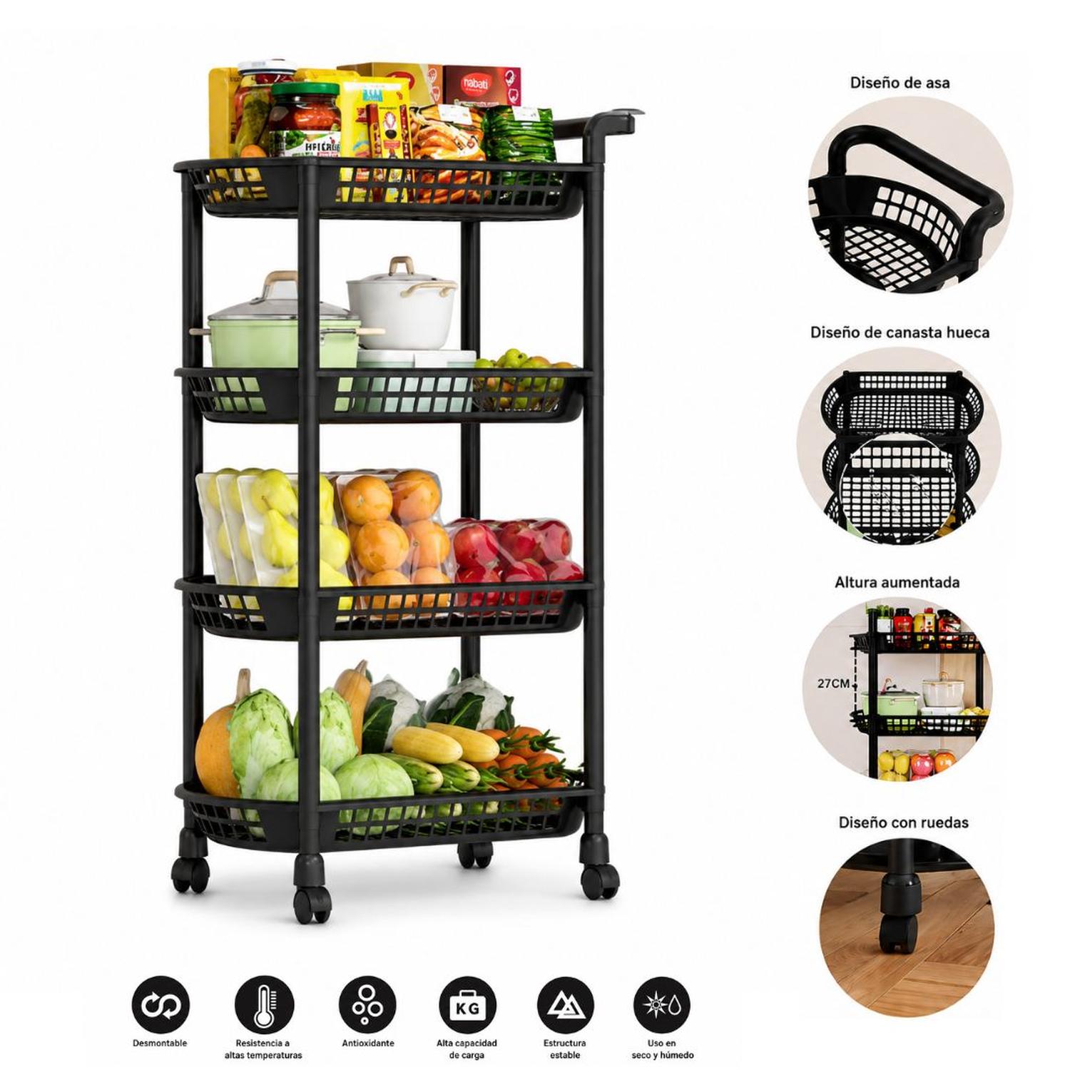 CARRITO ORGANIZADOR DE COCINA MULTIUSOS 4 NIVELES CON RUEDAS 101X50X30CM TAMAÑO M - 3
