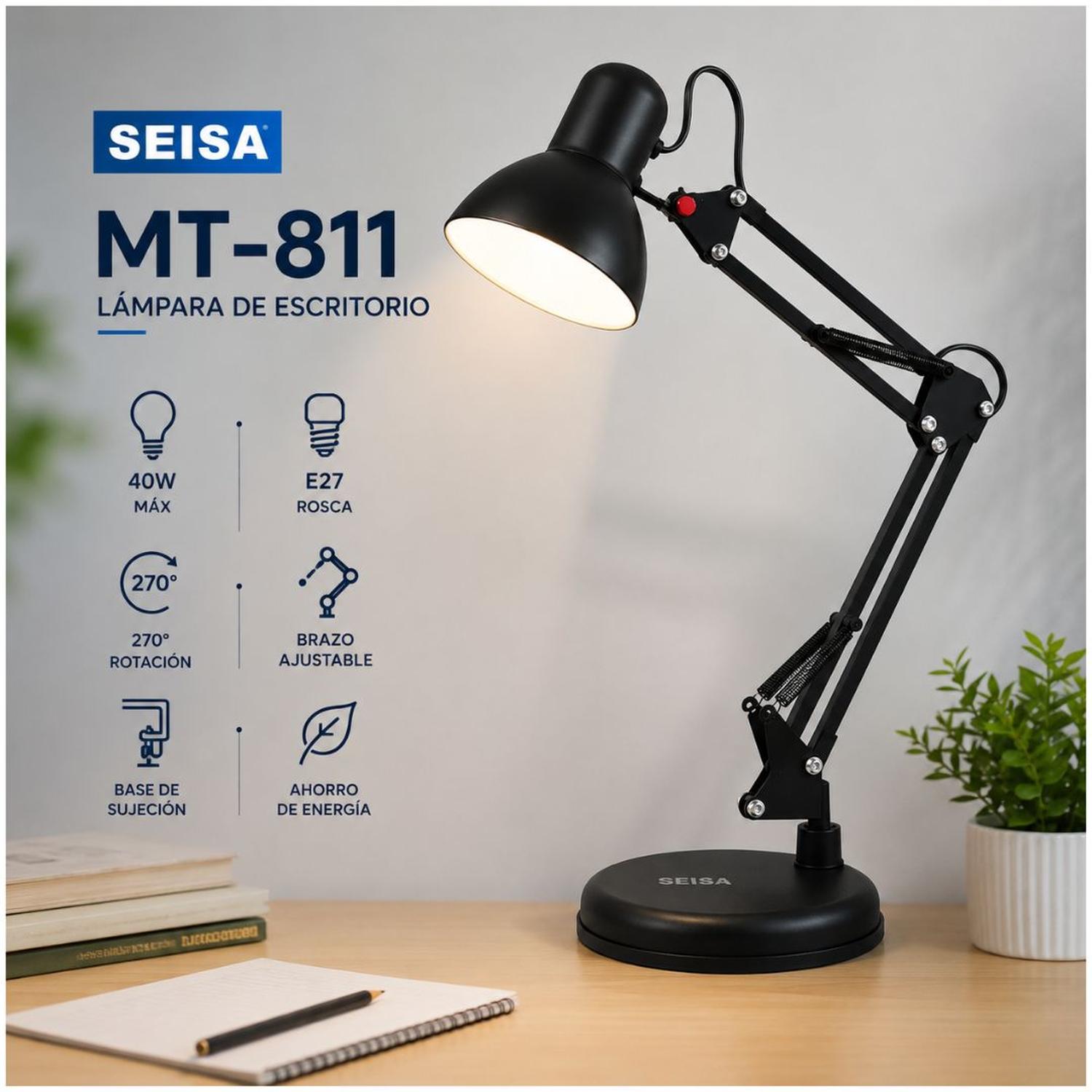 LÁMPARA DE ESCRITORIO ARTICULADA SEISA MT-811 GIRATORIO 270° BASE FIRME - 2