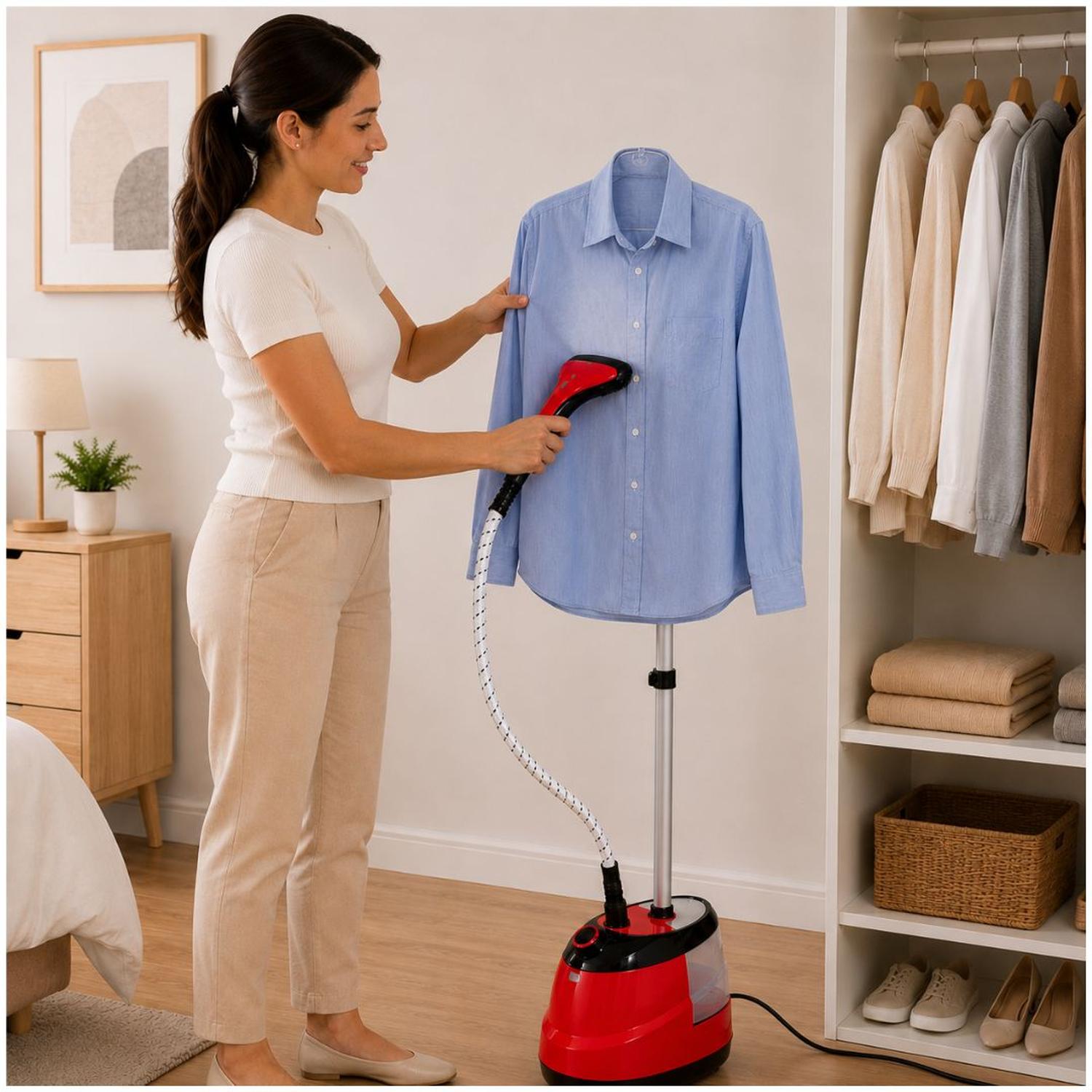 PLANCHA DE VAPOR PARA ROPA BASE DE PLANCHADO VERTICAL Y HORIZONTAL 2000W ROJA - 4