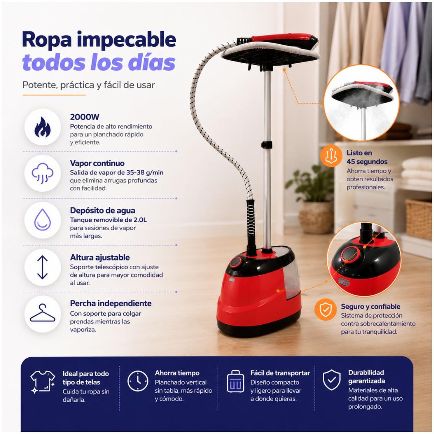 PLANCHA DE VAPOR PARA ROPA BASE DE PLANCHADO VERTICAL Y HORIZONTAL 2000W ROJA - 5