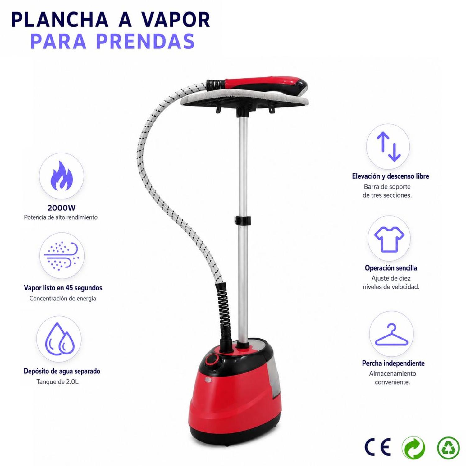 PLANCHA DE VAPOR PARA ROPA BASE DE PLANCHADO VERTICAL Y HORIZONTAL 2000W ROJA - 6